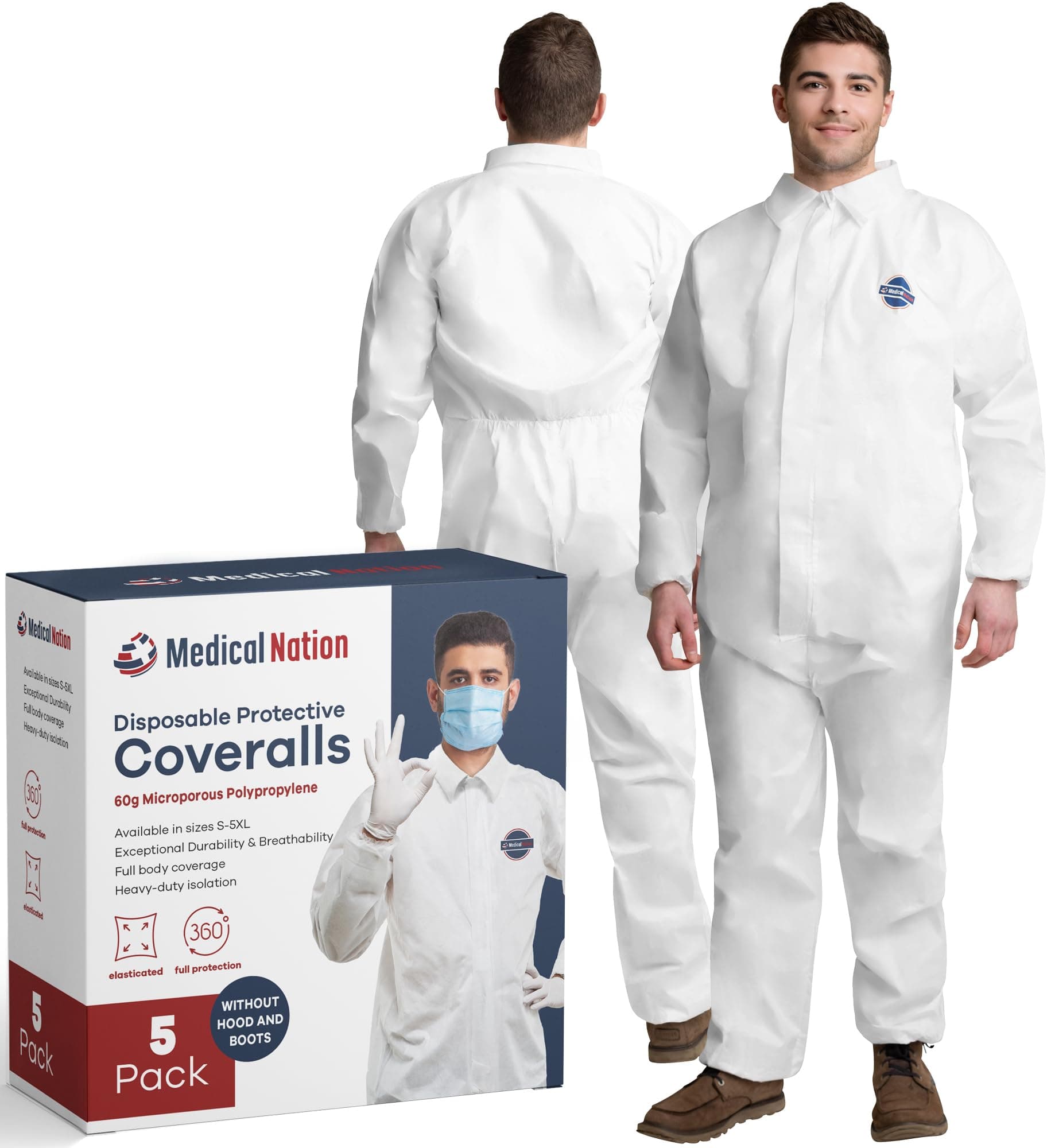 Hazmat Suits Disposable | 5 Pack, Large | Non-Hooded Protective Coveralls - Heavy Duty Full Body Painters Suit for Men & Women Without Hood - Breathable & Water Resistant - Large
