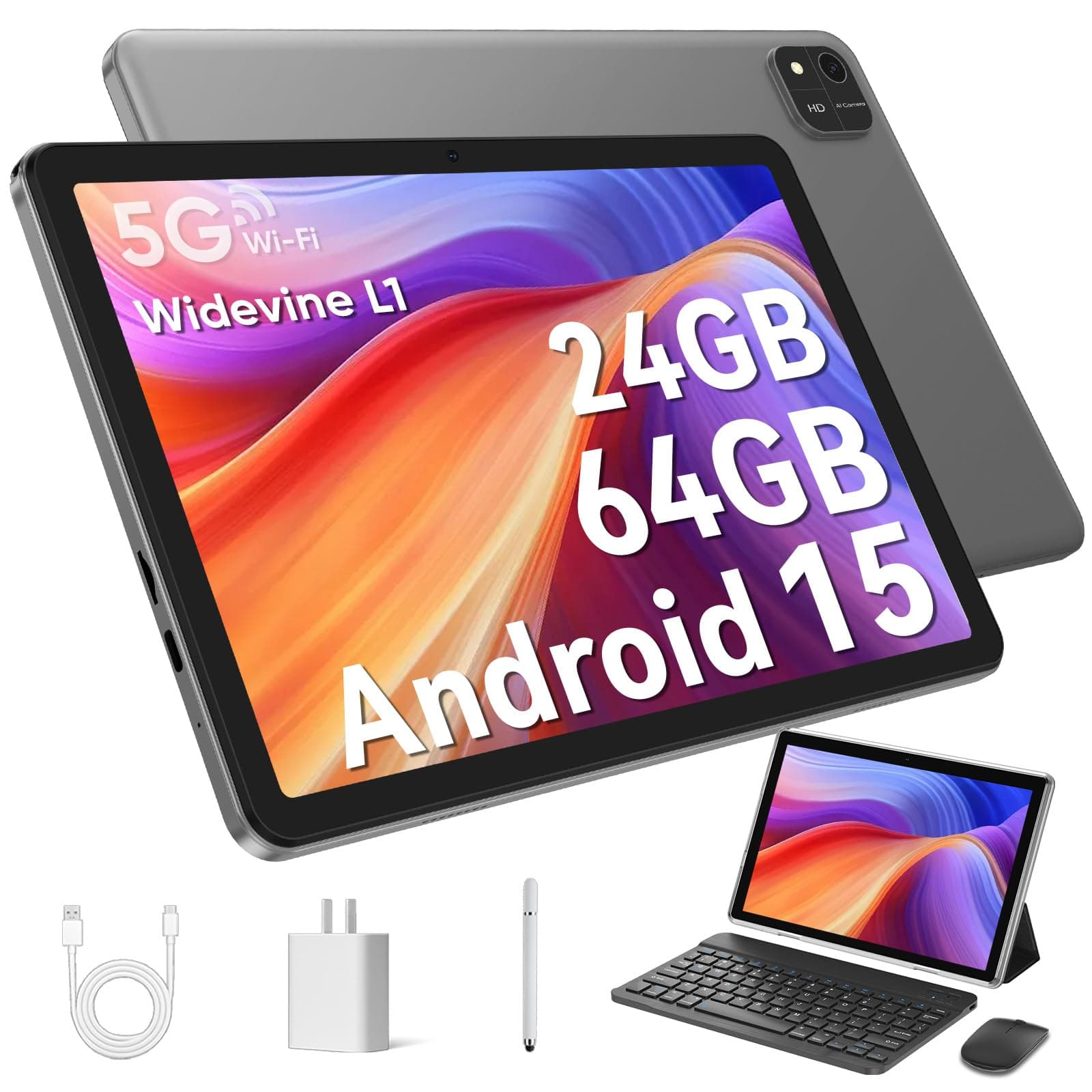 - Android 15 Tablet 10.1 inch Tablet 2025 Latest Tablets with Keyboard Mouse 24GB+64GB 2TB Expand 6000mAh Octa-Core Processor Dual Camera WiFi 1280x800 IPS 18W Fast Charging (Black)