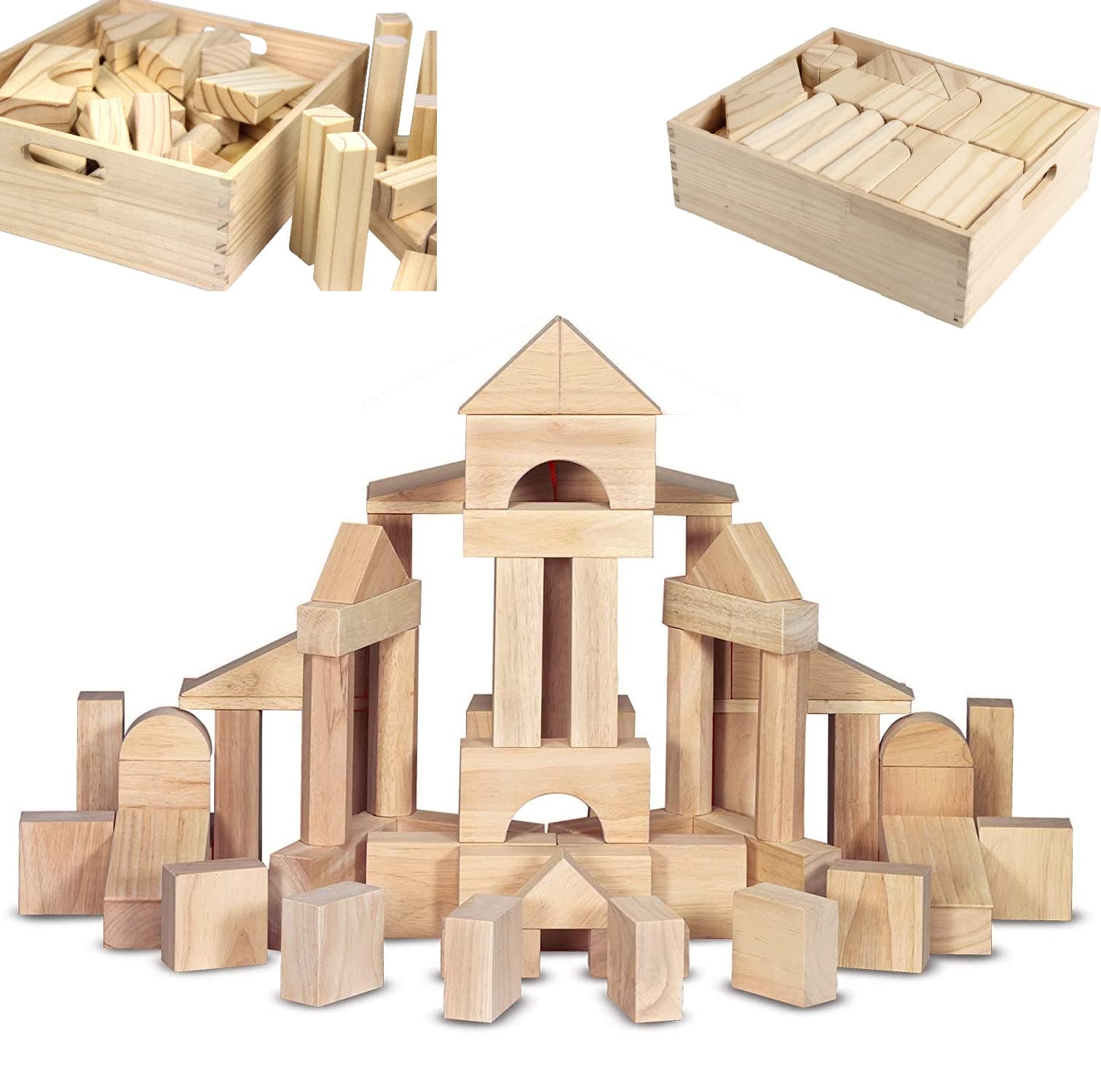 MOD Complete Extra Large Size - 64 Piece Set Children's Wood Building Blocks with Solid Wooden Storage Tray Holder- Made from Solid Organic BPA-Free Natural New Zealand Pinewood