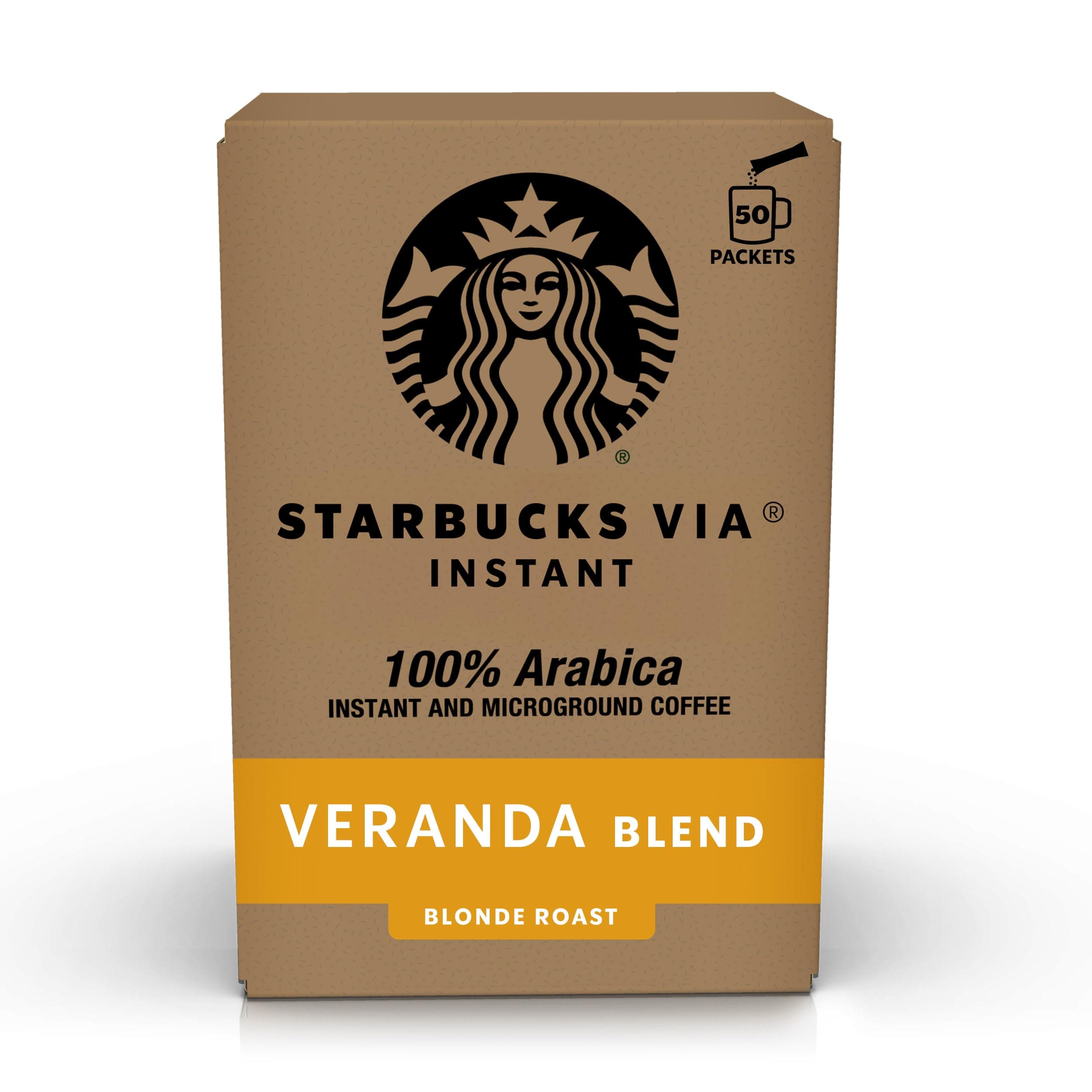 Starbucks VIA Instant Coffee, Light Roast Coffee, Veranda Blend, 100% Arabica, Single-Serve, 1 Box (50 Packets)