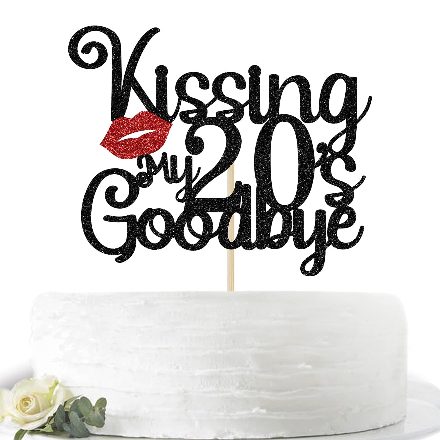 Glitter Kissing My 20's Goodbye Cake Topper, Rip Twenties Cake Decor, Happy 30th Birthday Party Decoration Supplies, Black and Red Glitter