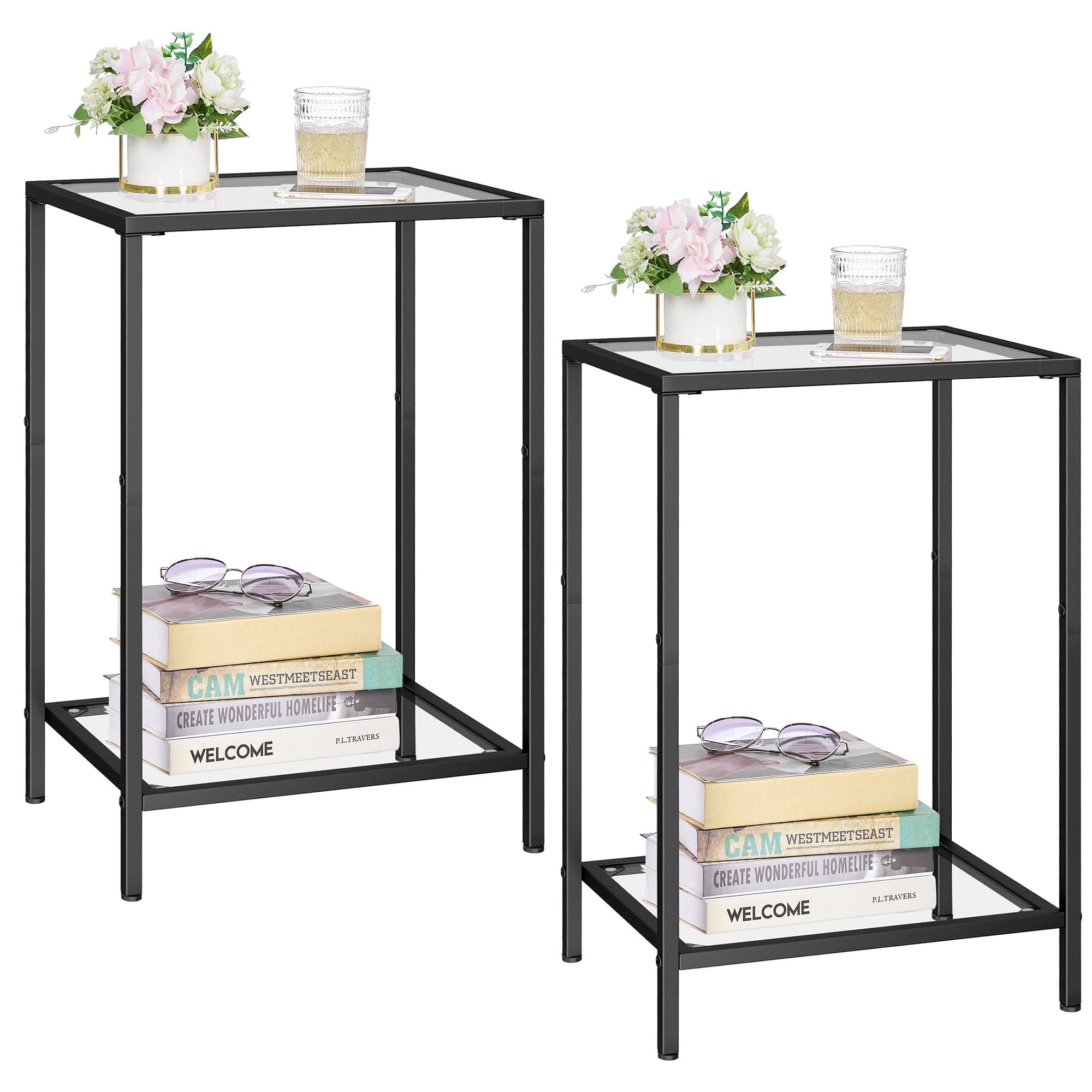 Side Tables Set of 2, End Tables with Tempered Glass, 2-Tier Nightstands with Storage Shelves, Coffee Table with Modern Style, Slim Sofa Table for Living Room, Bedroom, 11.8" D x 15" W, Black