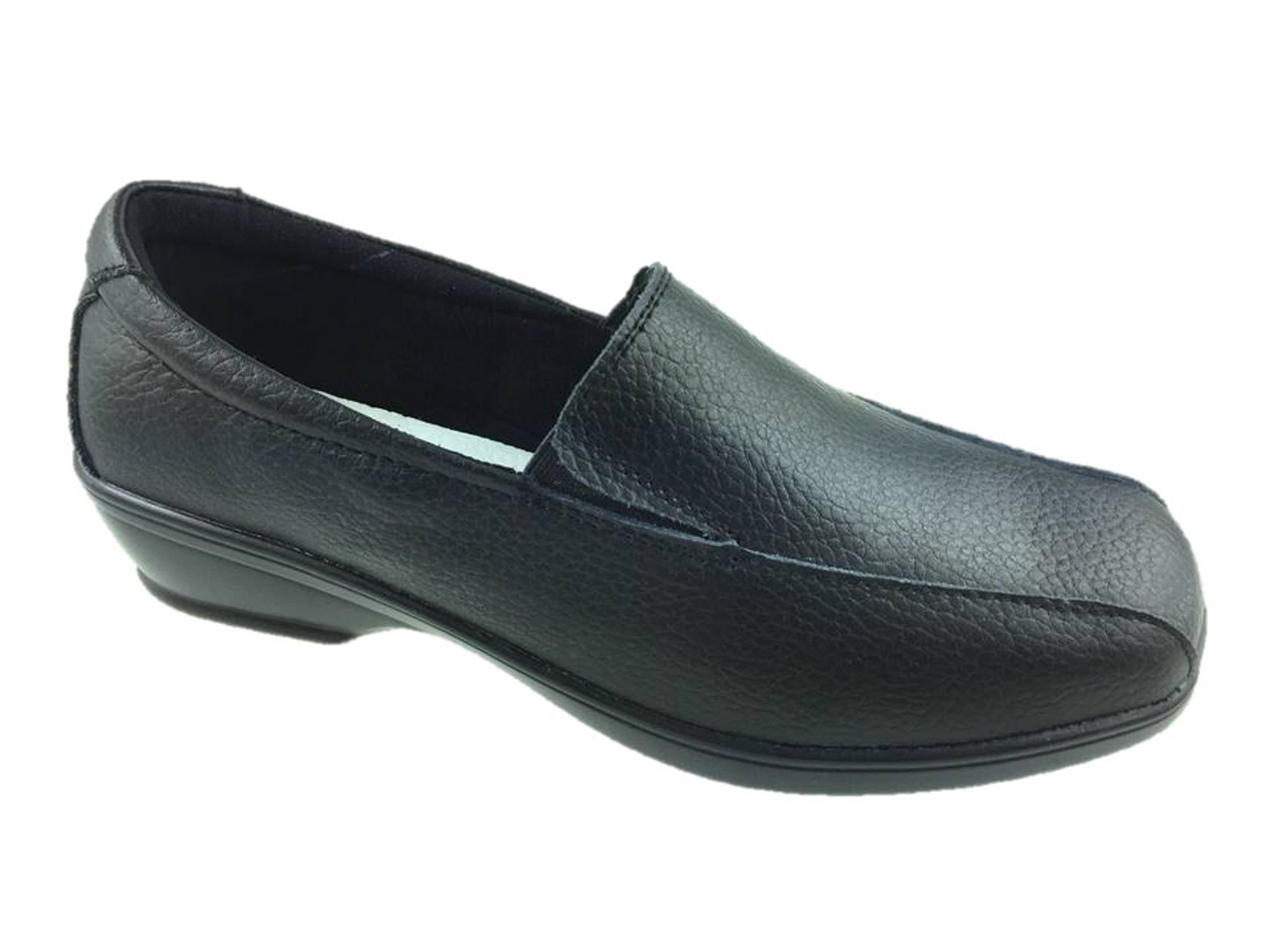 LADIES LEATHER SLIP ON LOW WEDGE COMFORT LIGHTWEIGHT WALKING WORK SHOE BLACK SIZE 6 UK Black 39 EU