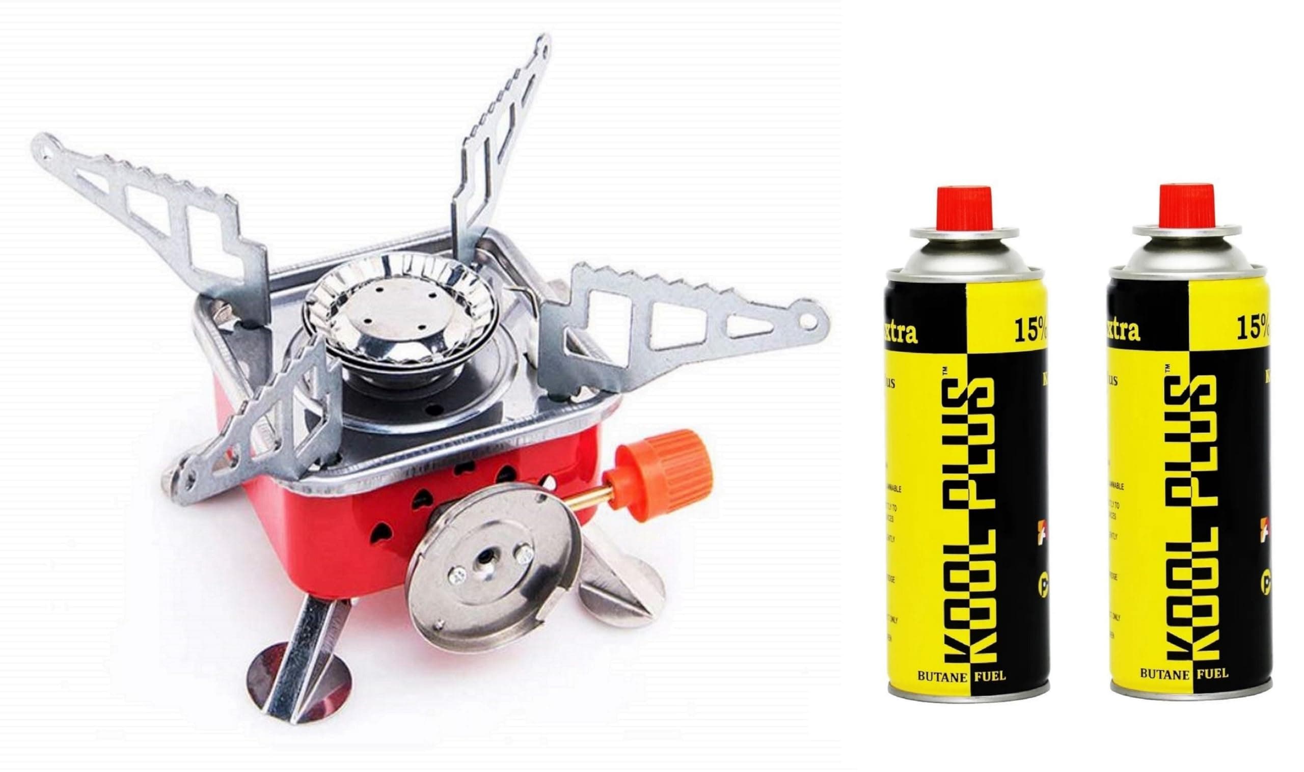 NH WORLD Combo of Ultra Light Portable Camping Stainless Steel Stove with Gas Can Stainless Steel Automatic Gas Stove (Stove + 2 Gas Can)