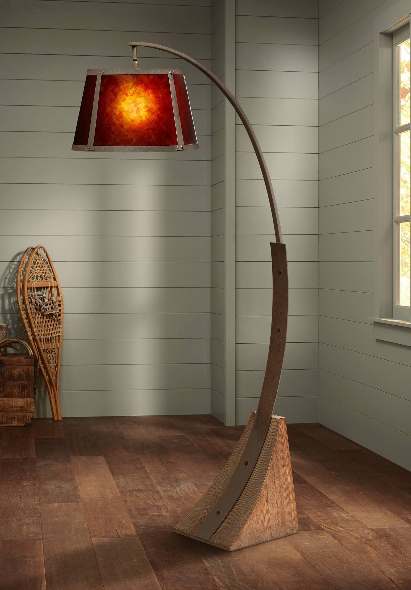 Franklin Iron Works Oak River Rustic Farmhouse Mission Arc Floor Lamp Standing 66 1/2" Tall Dark Rust Natural Wood Amber Mica Drum Shade for Living Room Reading Bedroom Office Cottage Core Decor