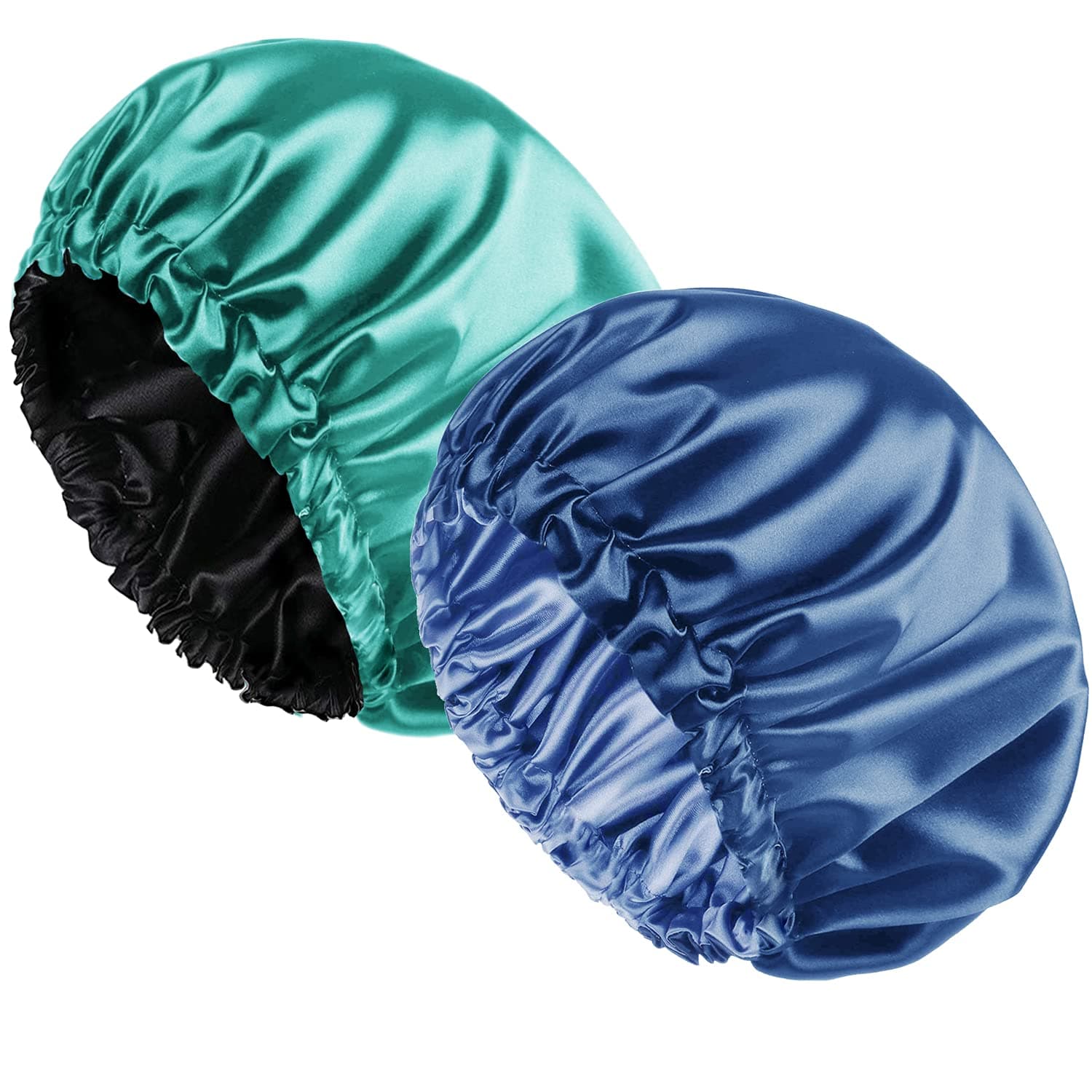 2Pack Satin Bonnet Cap, Double Layer Reversible Adjustable, Sleep Bonnet to Keep Hair Dry. Green-Blue