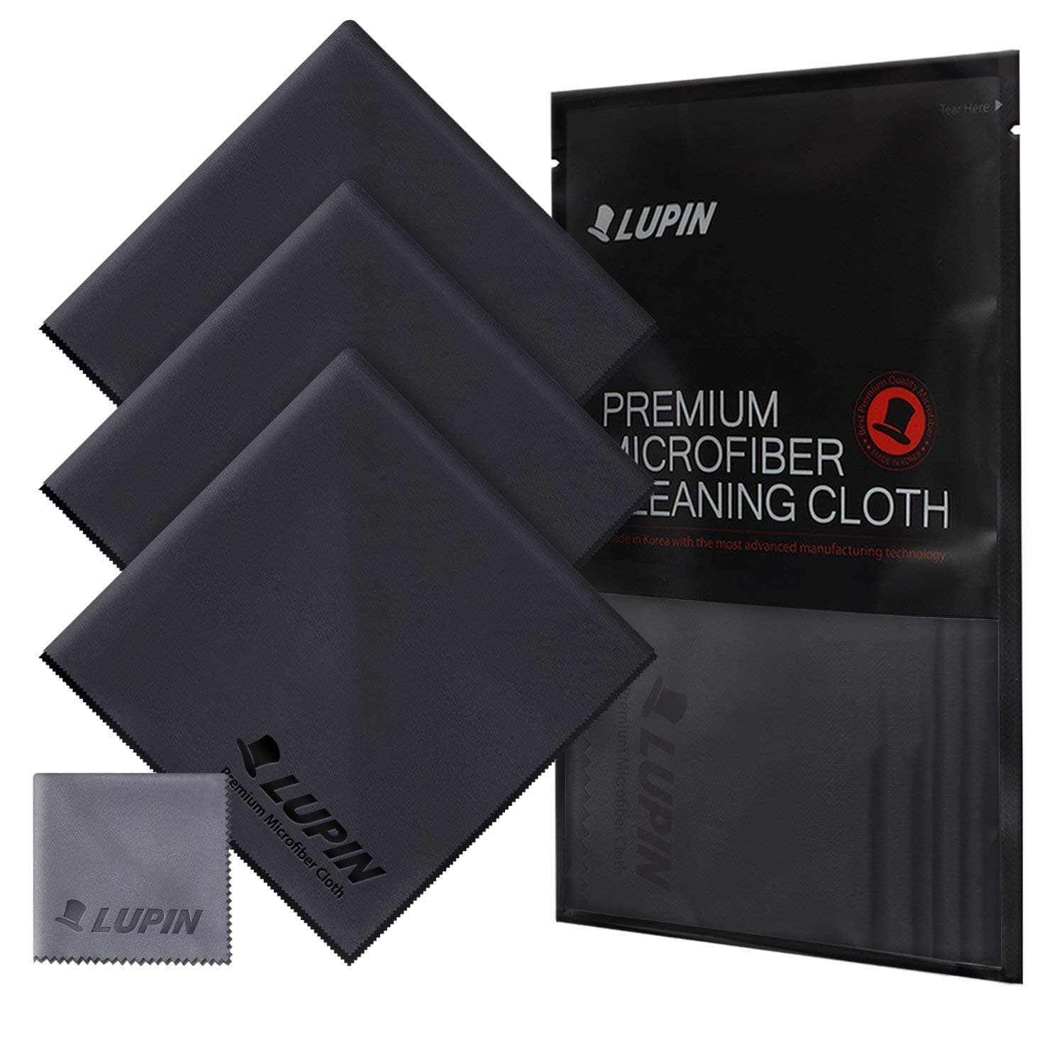 Ringke Lupin Microfiber Cleaning Cloths, Large 4 Pack Premium Ultra Lint Polishing Cloth for Cell Phone, Tablets, Laptops, iPad, Glasses, Auto Detail, TV Screens & Other Surfaces - Black