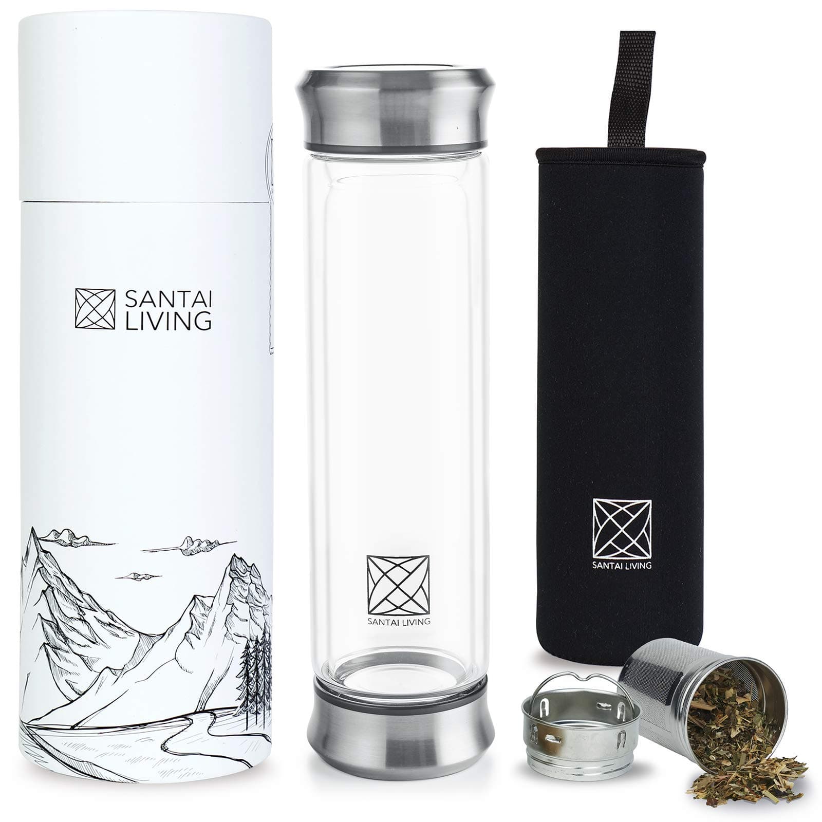 Glass Water Bottle 400ml with Strainer and Tea infuser | Double Walled Insulated Borosilicate Glass Bottles with Carrying Sleeve and Beautifully Gift Ready Packaged