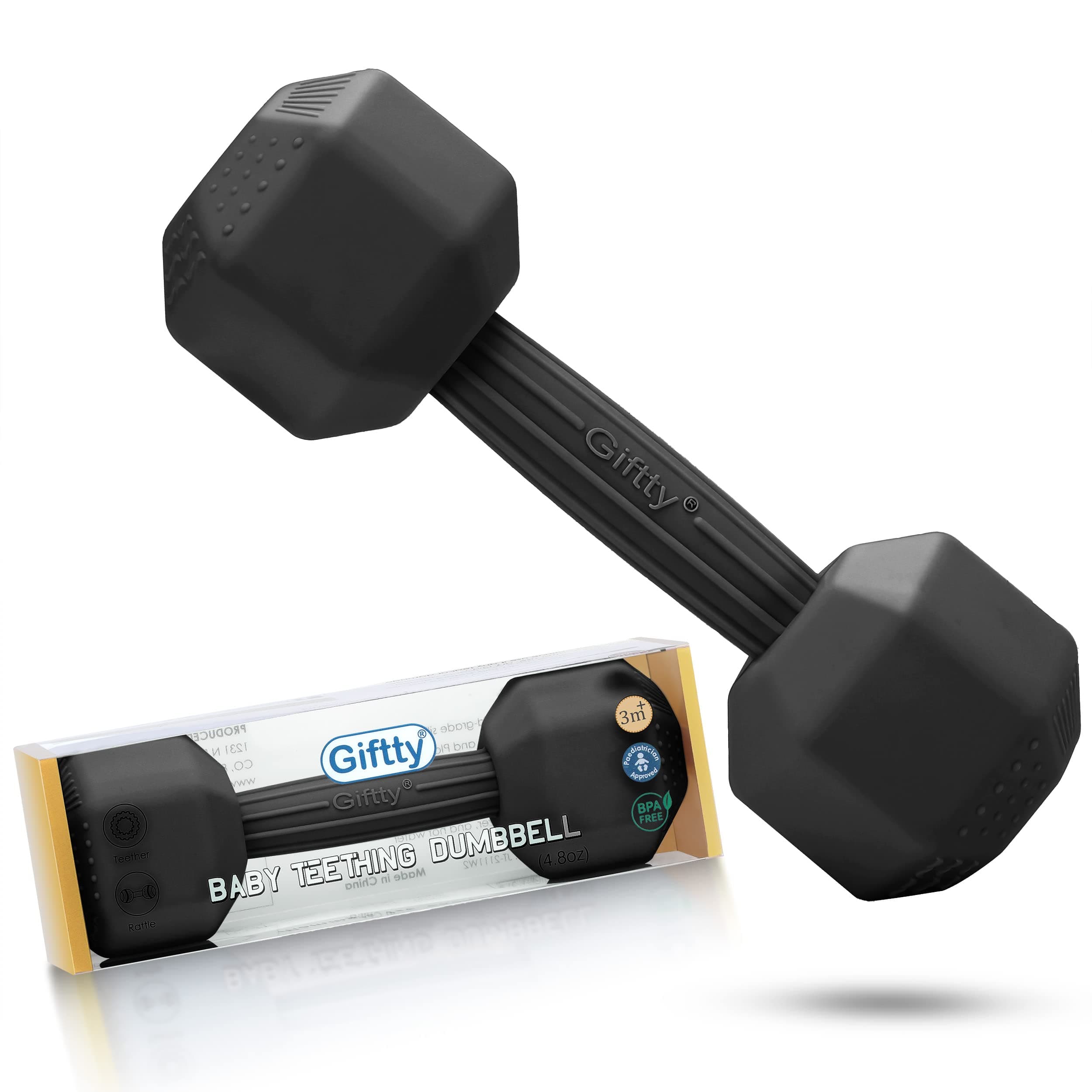 Baby Dumbbell - Silicone Infant Rattle Teether, Toddler Sensory Toy, Durable Safe Exercises Workout Weight - Great Gift for Girls and Boys (1pcs - Black)