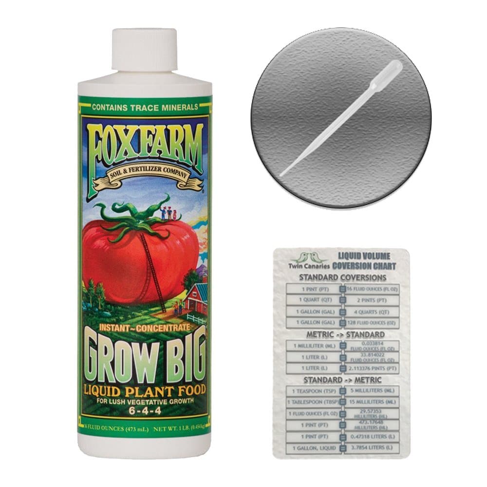 FoxFarm Fertilizer Grow Big - 1 Pint Bottle + Twin Canaries Chart & Pipette