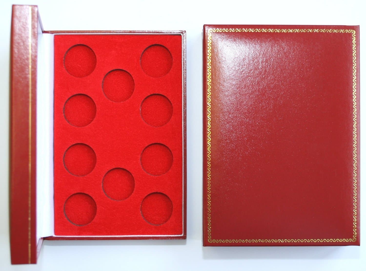 Red Padded Coin Cases To Hold 10x Full Sovereigns in Capsules External Dimensions 160mm x 110mm x 36mm Internal Recess Diameter 28mm x10