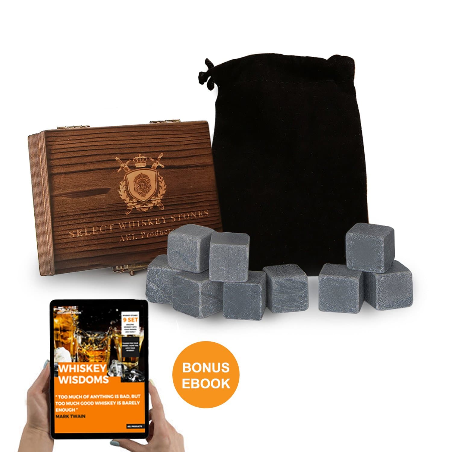 Whiskey Stones Gift Set - Reusable Pure Soapstone Ice Cube Rocks Drink Chillers with Velvet Carrying Pouch & Wooden Box - No Dilution - Odorless & Tasteless