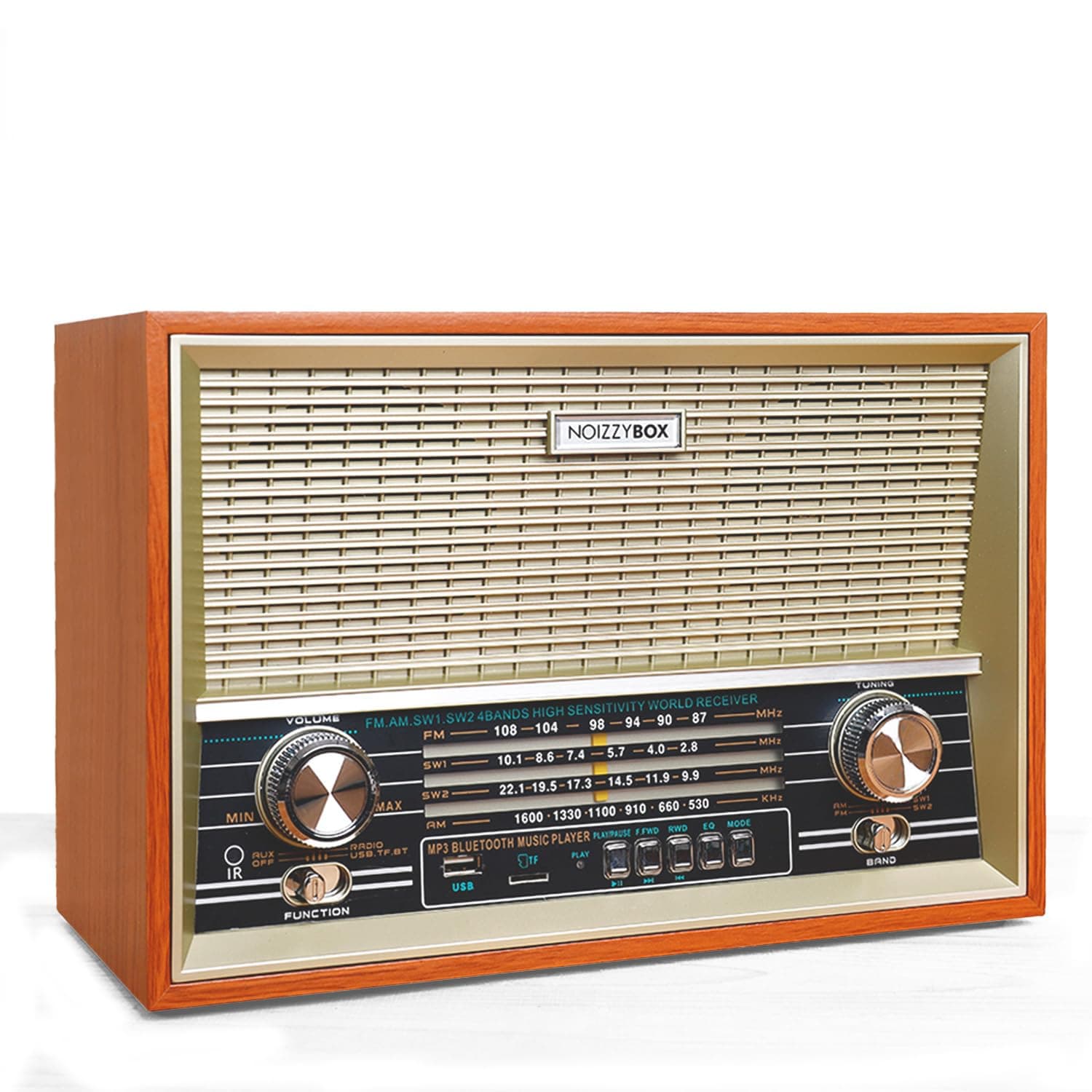 - Retro XXL 4 Band Radio Wireless Bluetooth Speaker with Remote and Equalizer (Beige)