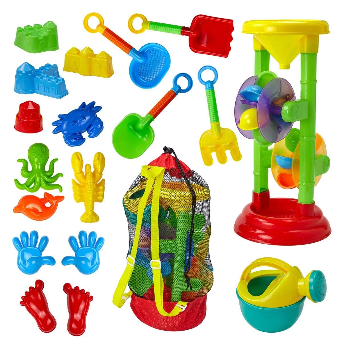 Dragon Too Kids Beach Toy Set –19 Piece Kit in Mesh Backpack Bag - Shovels, Scoops, Buckets, Waterfall, Shapes and More for Sand Castles, Water Play and Sand Boxes