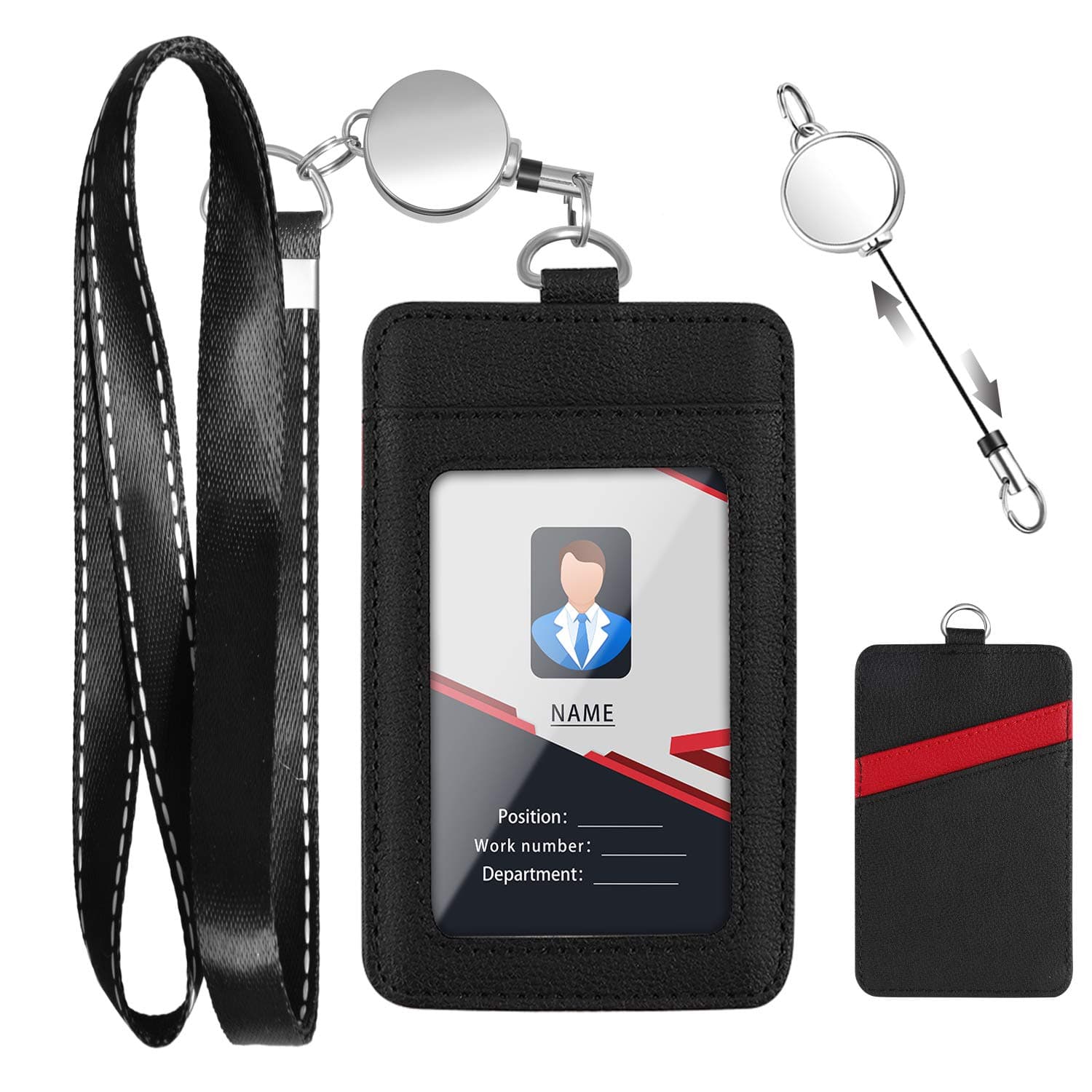 Lanyard with ID Holder Retractable, Leather Card Holder with Neck Lanyard and metel Retractable Badge Reel with 32 inches Retractable Cord for Cruise Travel, Daily Work(Black+Silver+red)