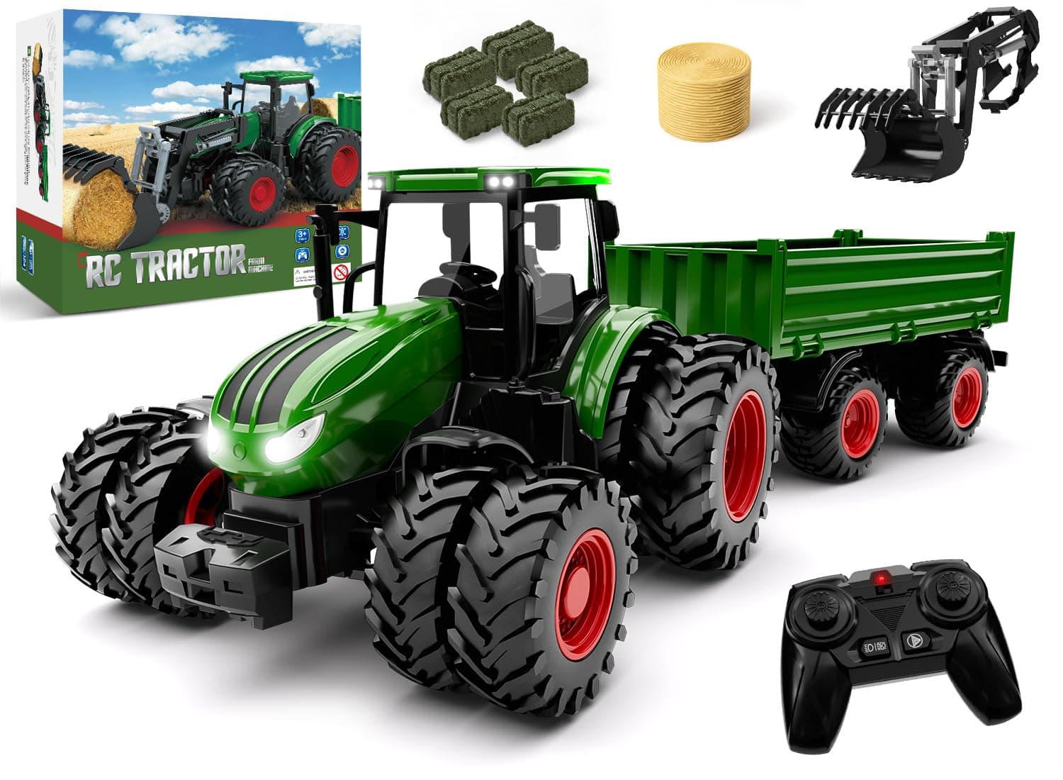 Remote Control Tractor Toy, Kids RC Tractor Set & Truck and Trailer Front Loader - Metal Car Head/8 Wheel/Light, Toddlers Farm Vehicle Toys for 2 3 4 5 6 7 8 9 Year Old Boys Christmas Birthday Gift