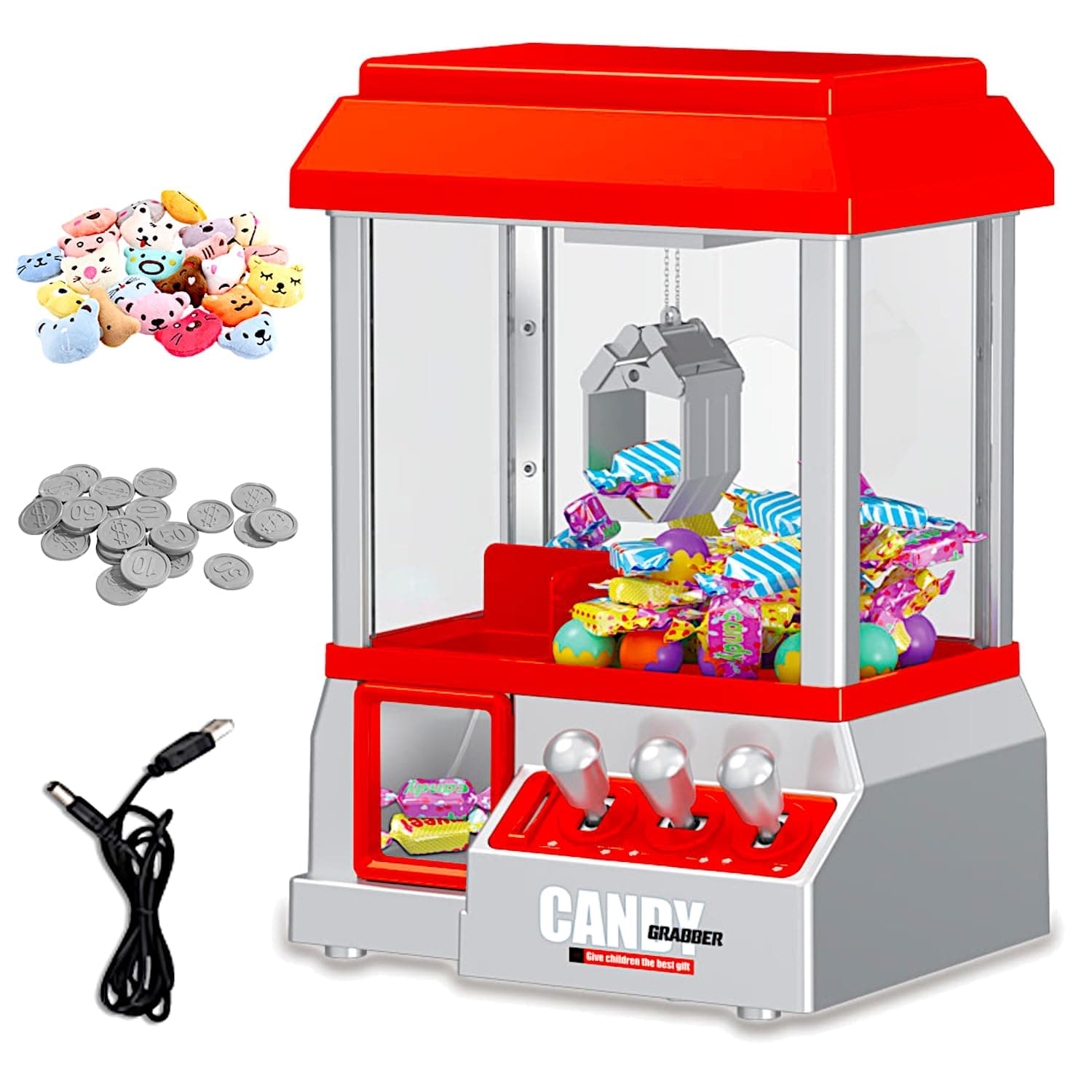 POCO DIVO Classic Claw Machine Arcade Grabber, Plushies Gift Candy Prize Figures Capsules Dispenser, Adjustable Game Music Token Slot Play, Battery USB Power Treats Crane, Kids Boys Girls Vending Toy