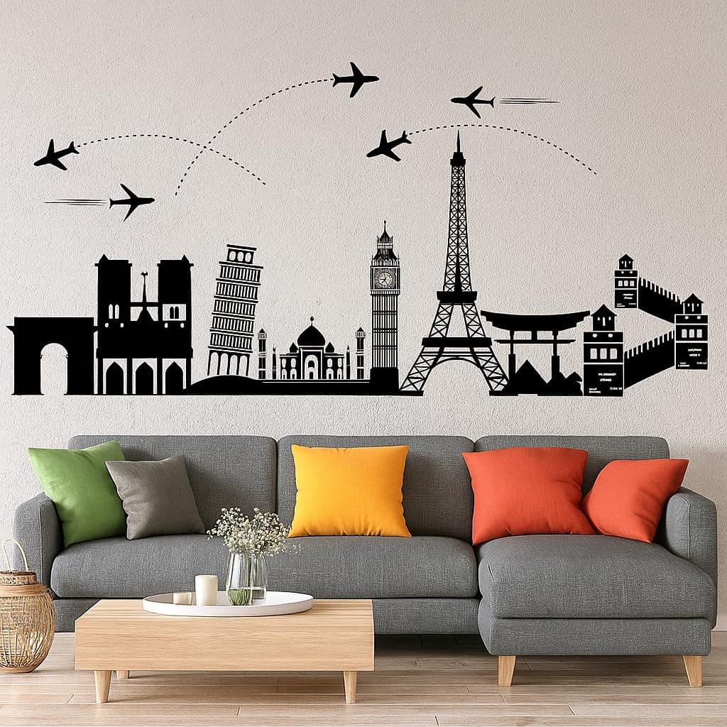 StickMe Travel The World Wall Sticker | World Wonders, Tour & Airplane Theme Décor | Multi-Color Vinyl, 100cm x 50cm | Perfect for Travel Lovers, Kids Room, Living Room & Office Walls