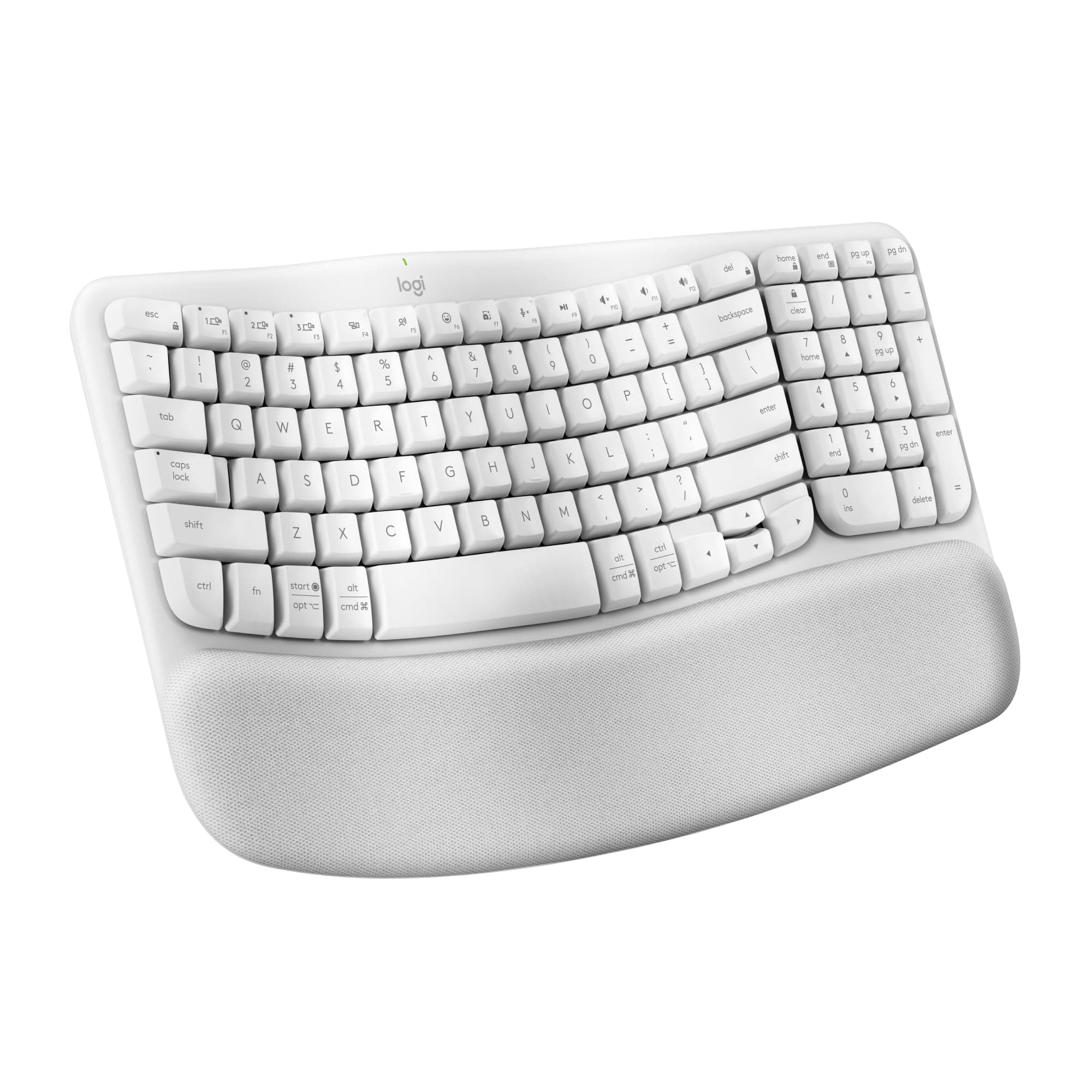 Wave Keys Wireless Ergonomic Keyboard with Cushioned Palm Rest, Comfortable Natural Typing, Easy-Switch, Bluetooth, Logi Bolt Receiver, for Multi-OS, Windows/Mac - Off White