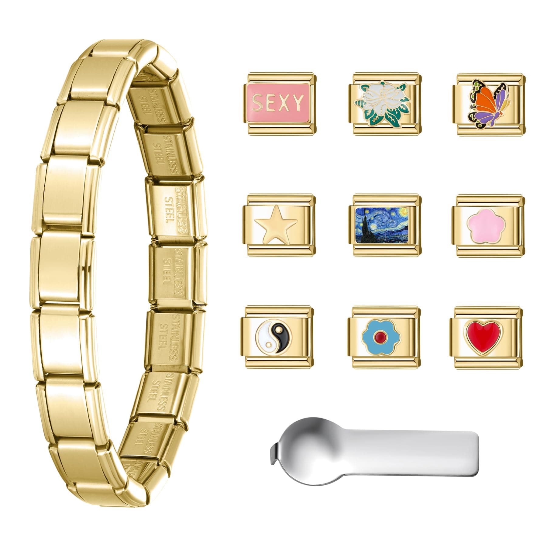 SWEETVStainless Steel 18 Link Polish Italian Charm Bracelet with 1Pcs Starter Brascelet, 9Pcs Charms and Opening Tools, Classic 9mm Modular Charm, Personalized Jewelry Gift