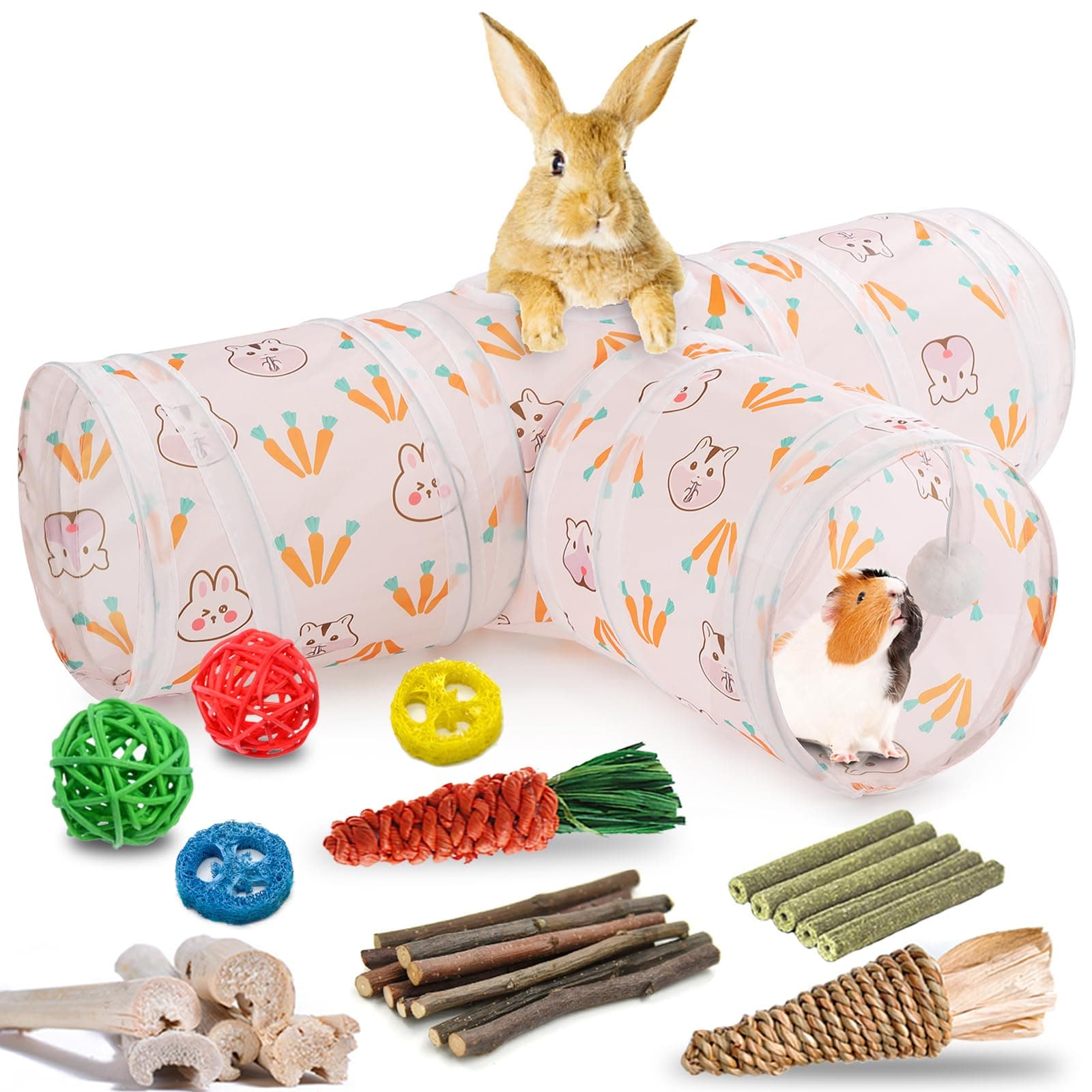 HERCOCCI Rabbit Toys, Bunny Tunnels & Tubes, Collapsible 3 Way Rabbit Hideout Tunnel with Chew Toys for Bunny Guinea Pig Ferret Kitten