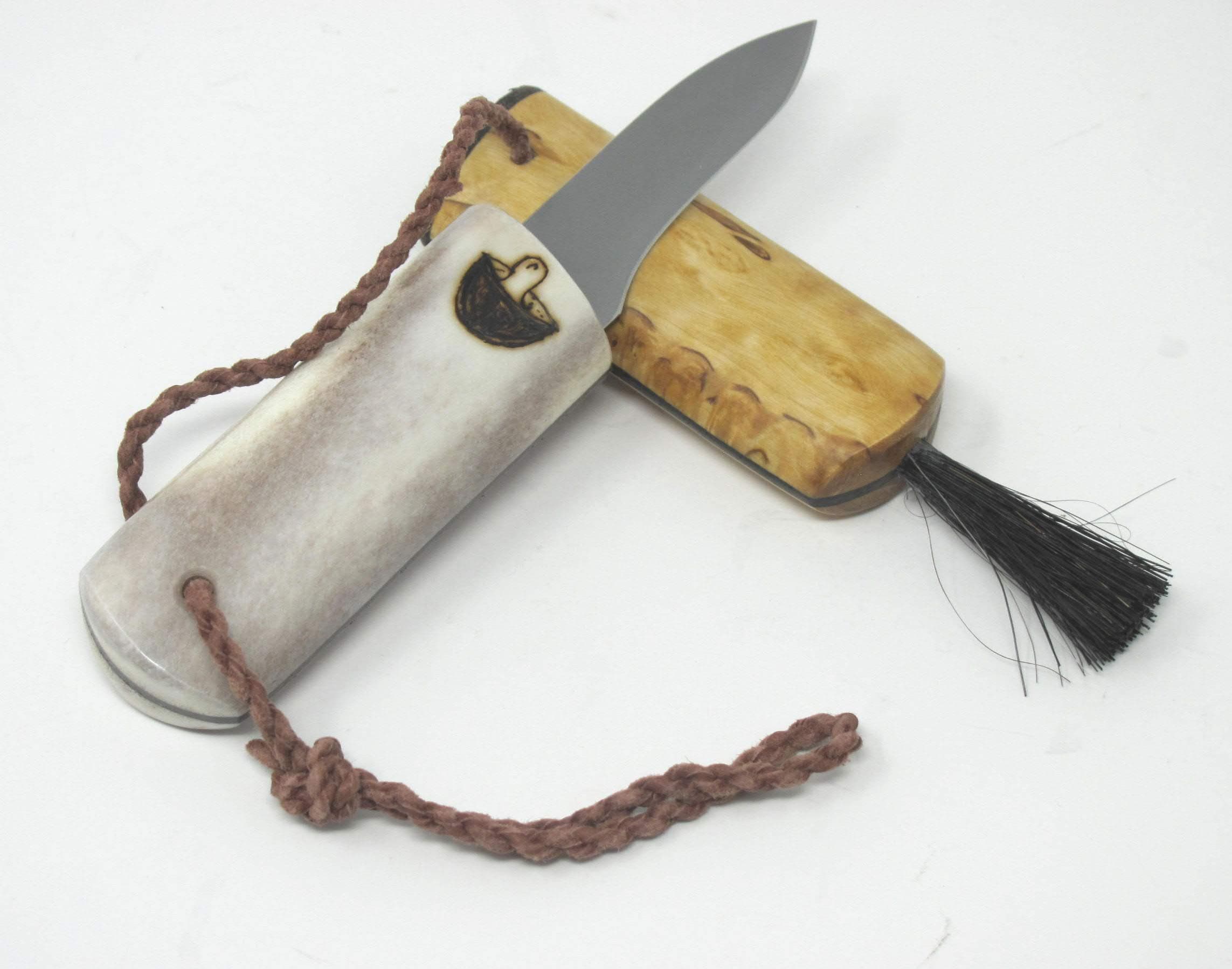 Outdoor MerchantsMade in Finland Kellam Knives Mushroom Pocket Fixed Blade Knife Mushroom Forage Tool Reindeer Antler and Curly Birch, Wood