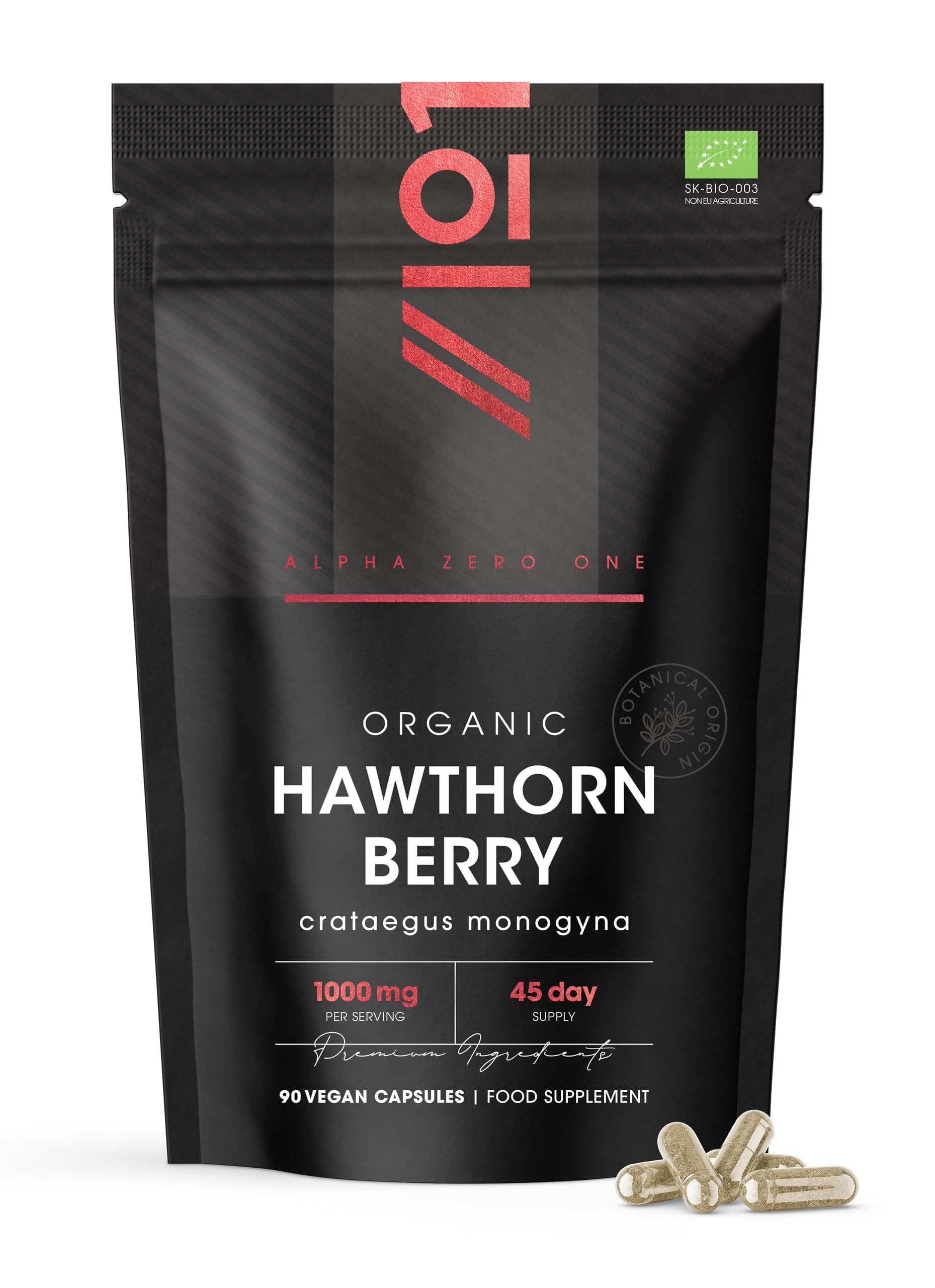 Organic Hawthorn Berry 1000mg – High Strength Hawthorn Supplement – 90 Vegan Capsules – Resealable and Recyclable Pouch by Alpha01