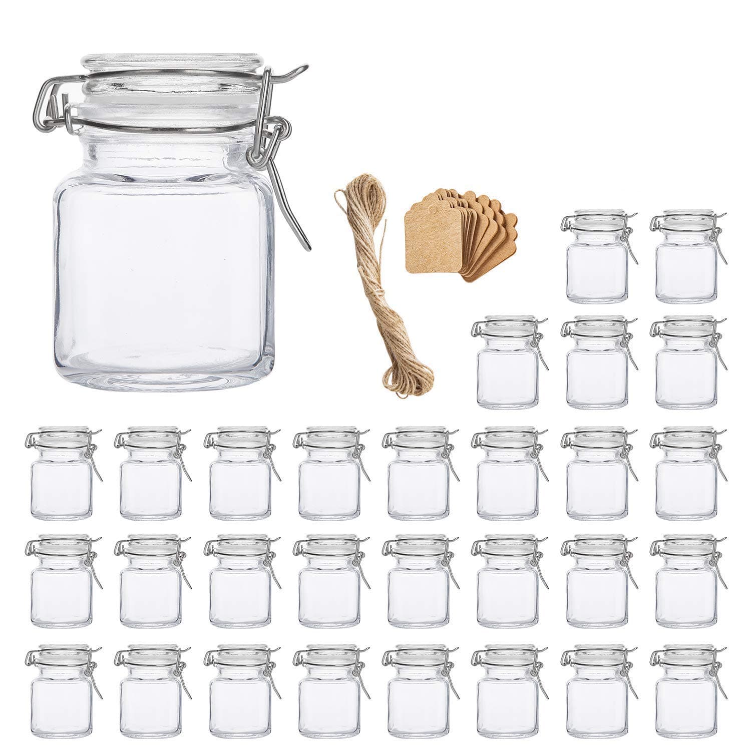 Flrolove Spice Jars 30 Pack 4oz Square Glass Jars with Leak Proof Rubber Gasket & Hinged Lid,Small Glass Containers with Airtight Lids for Home, Party Favors