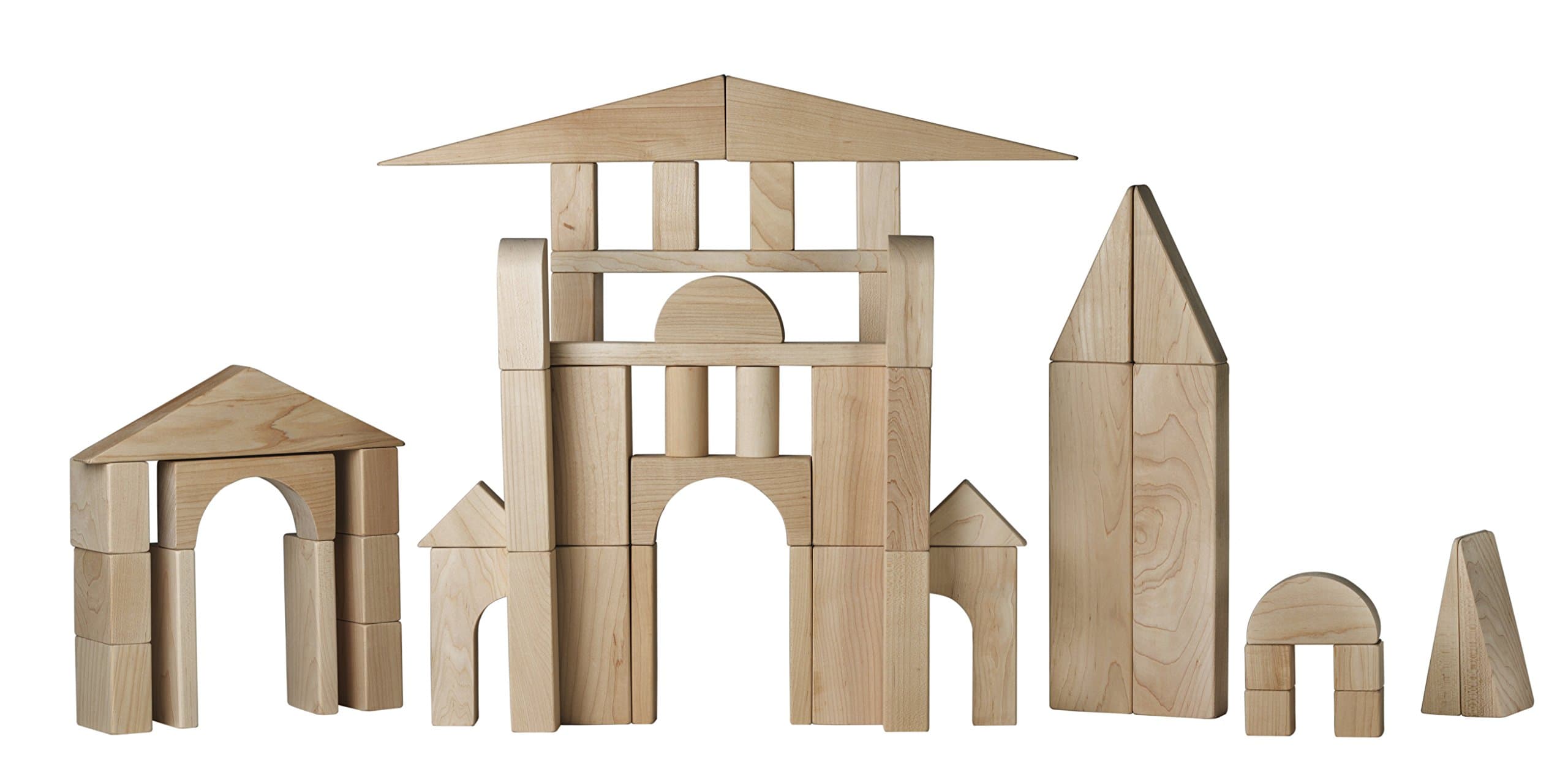 Maple Wood Toys Wooden Building Blocks Set - Standard Unit Blocks - Made From Top Quality Hard Maple Wood - 55 Wooden Blocks 19 Shapes and Sizes - Made In USA by