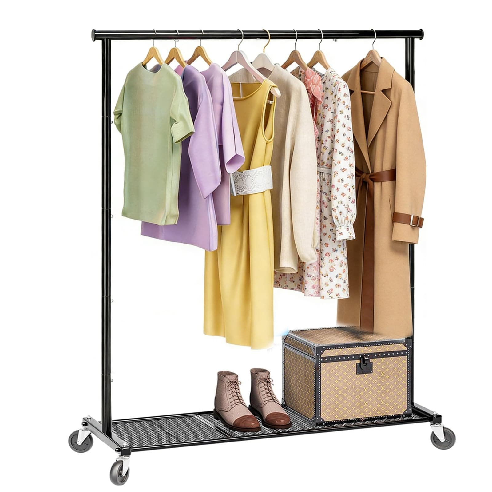 Clothes Rack for Hanging Clothes, 64.25 Inch Clothing Racks with Wheels, Portable Rolling Clothes Garment Rack for Bedroom, Laundry, Living Room, Black