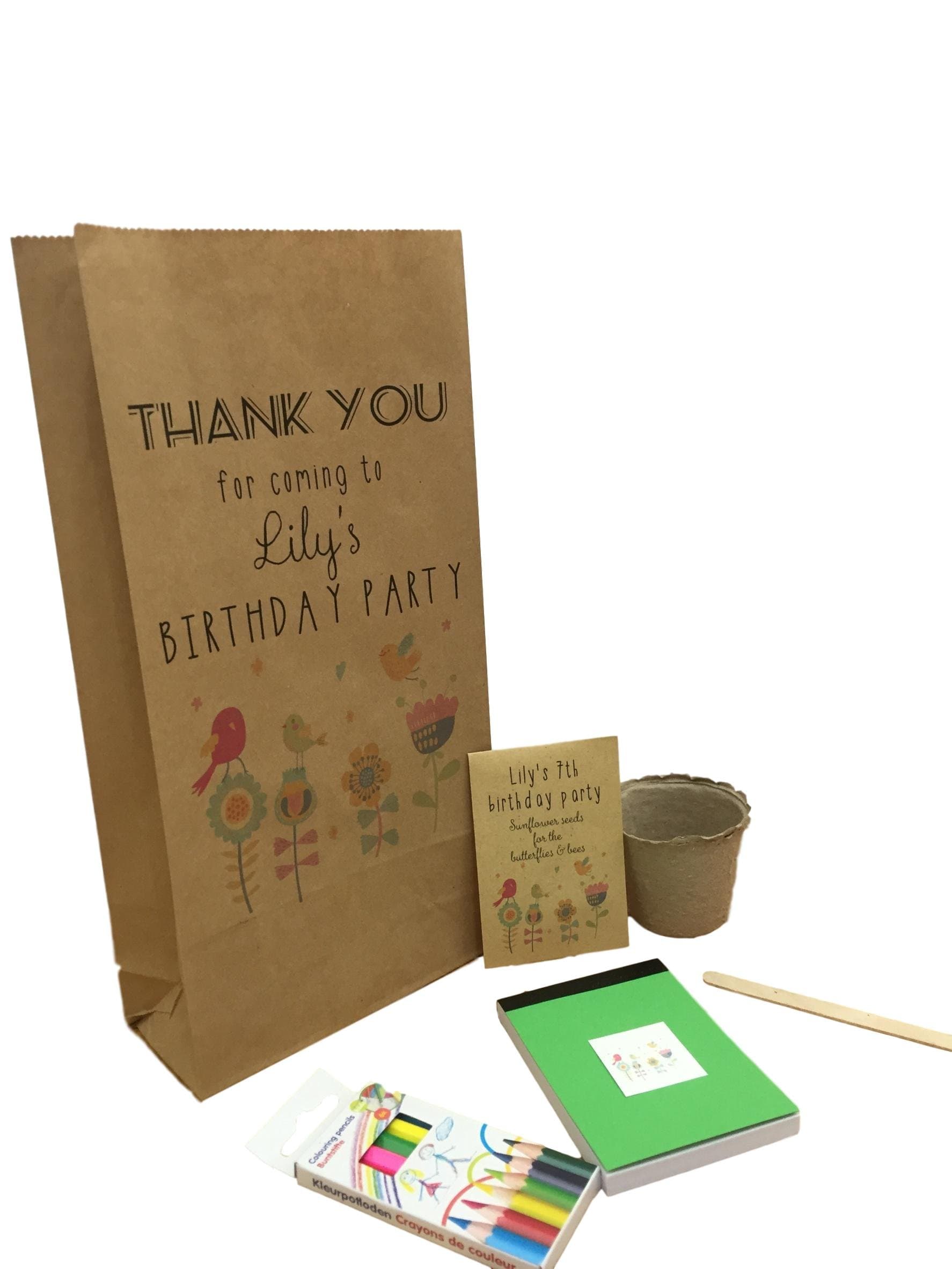 Eco Friendly Birthday Pre-Filled Party Bags Personalised No Plastic Bag & Fillers - Swag Goody Loot bags with contents, includes a packet of wildflower seeds, pot, planter, pad, pencils, stickers.