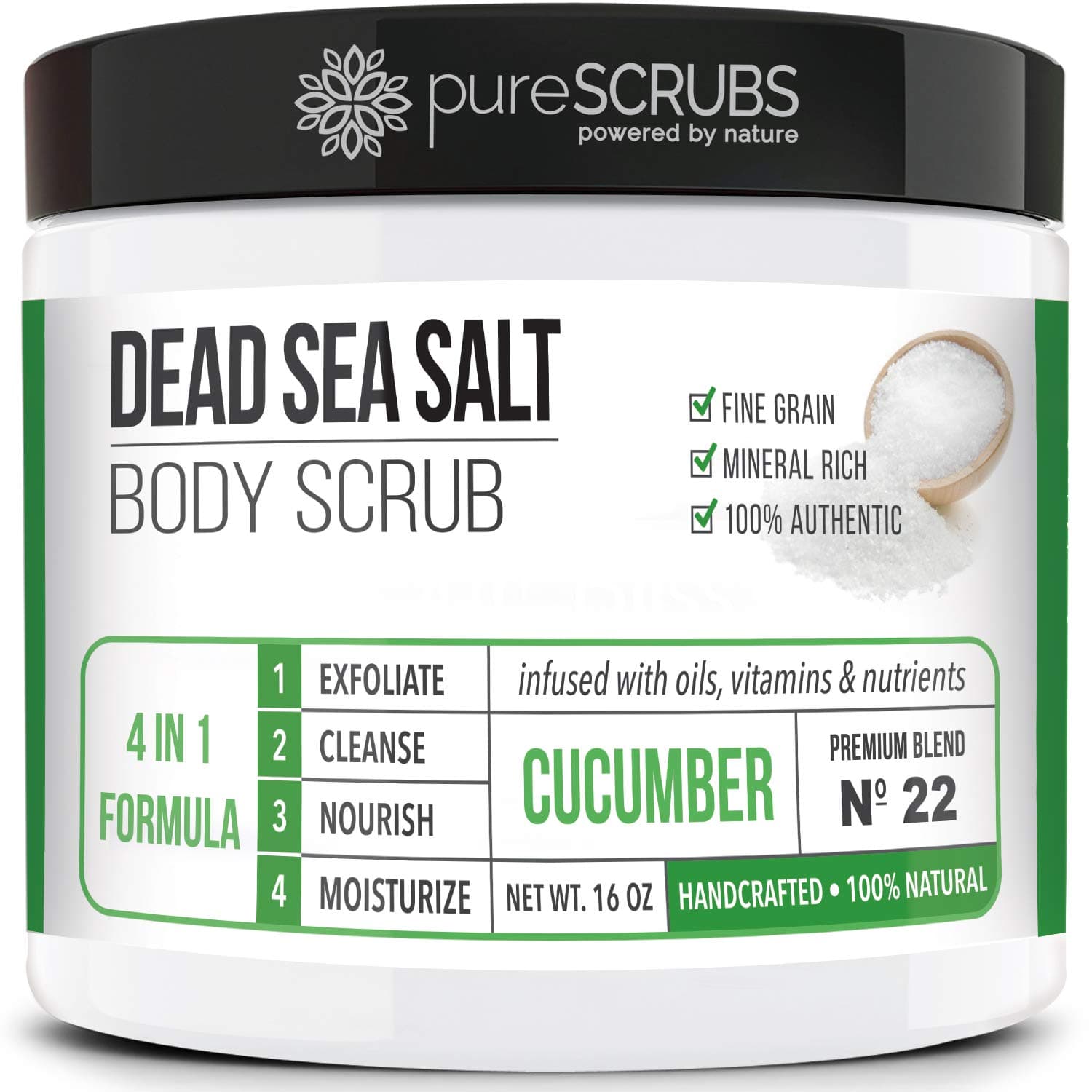 - pureSCRUBS Premium Cucumber Body Scrub Set - Large 16oz Dead Sea Salt Body Scrub for Women Exfoliation KP Bump Eraser Body Scrub Includes Wooden Spoon, Loofah & Soap