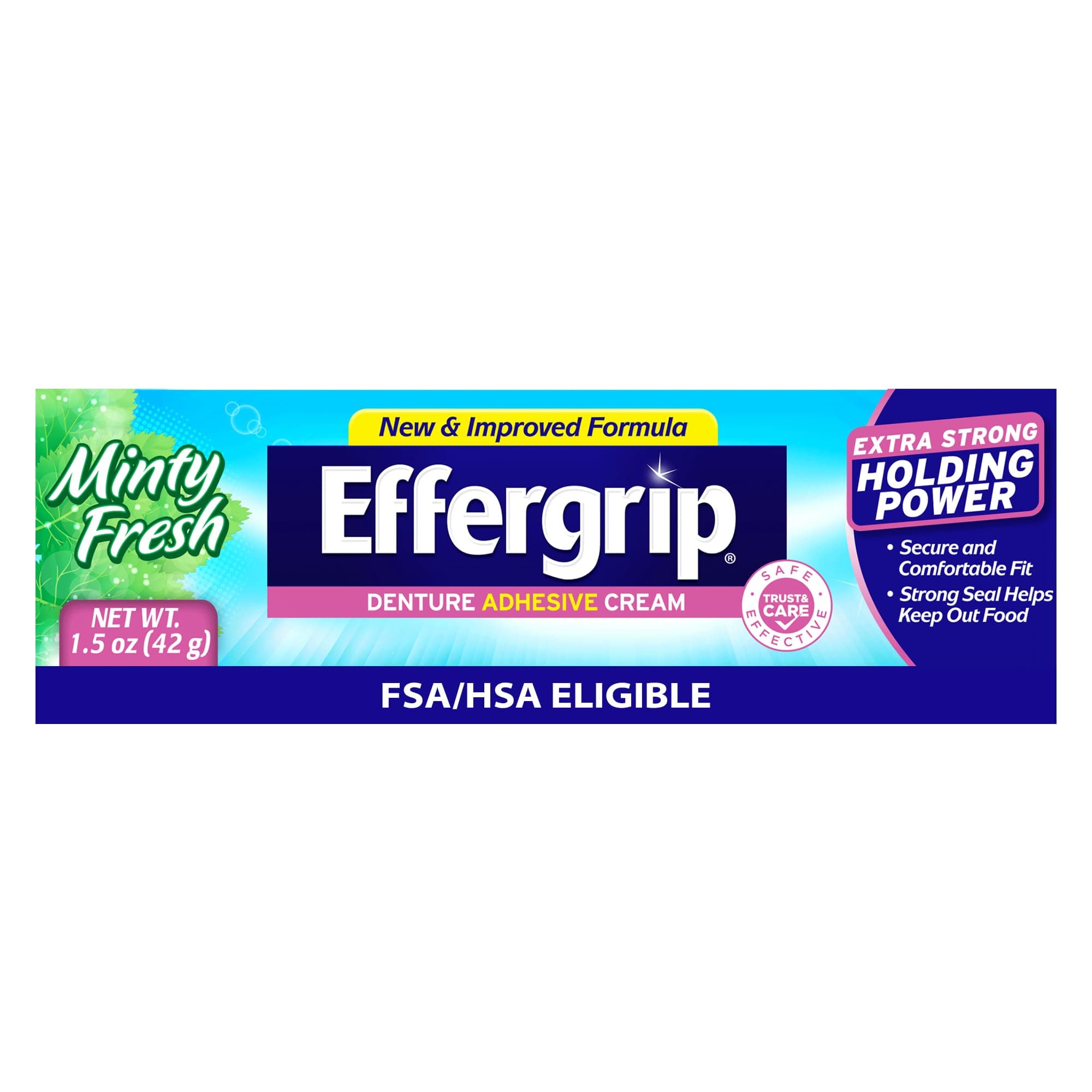 Denture Adhesive Cream, Minty Fresh, 1.5 Oz, Zinc-Free Formula with Extra Strong Grip