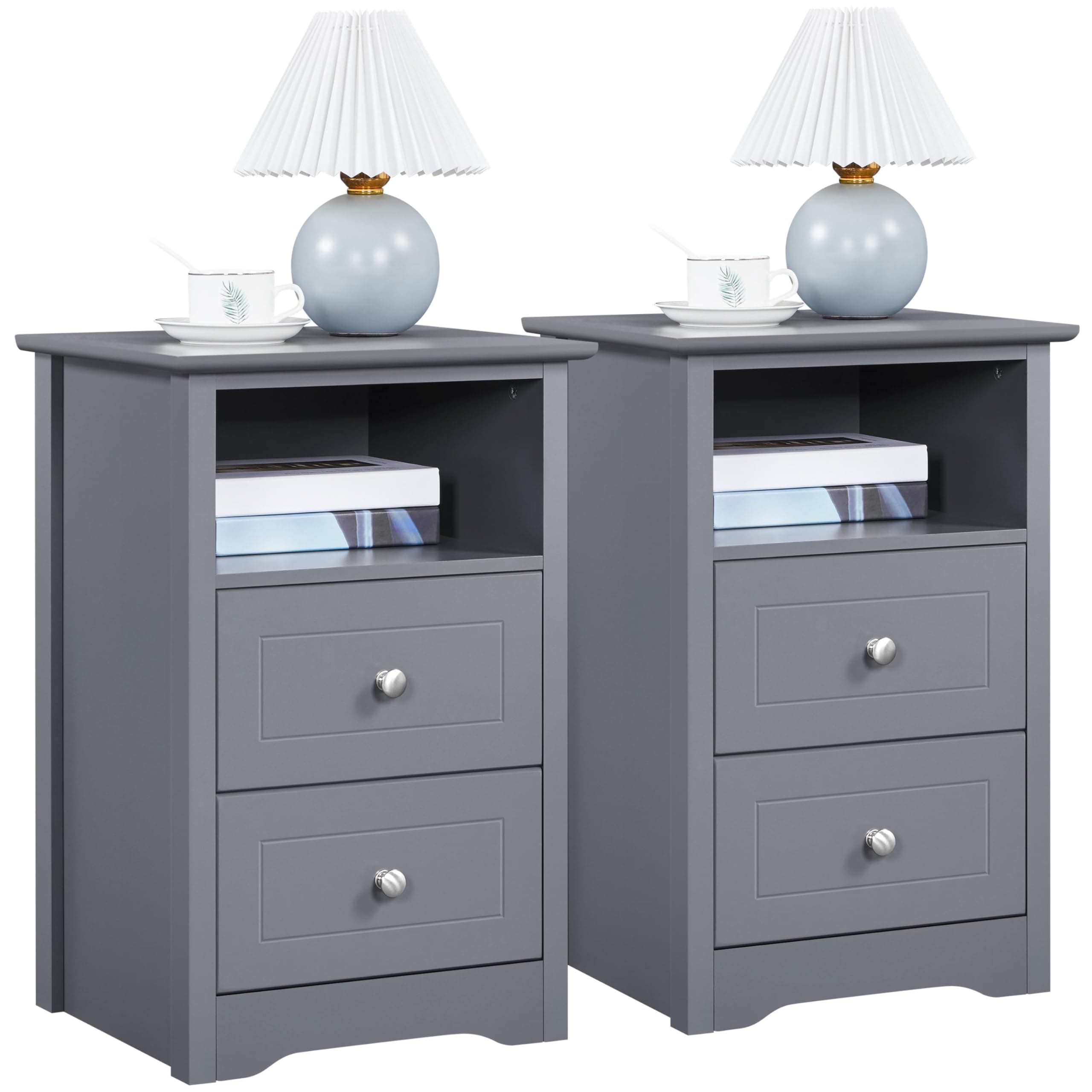 Yaheetech Bedside Tables Set of 2, Wooden Nightstand with 2 Storage Drawers, Open Compartment, Sturdy Modern Cabinet for Bedroom, Living Room, 35x40x60 cm, Grey
