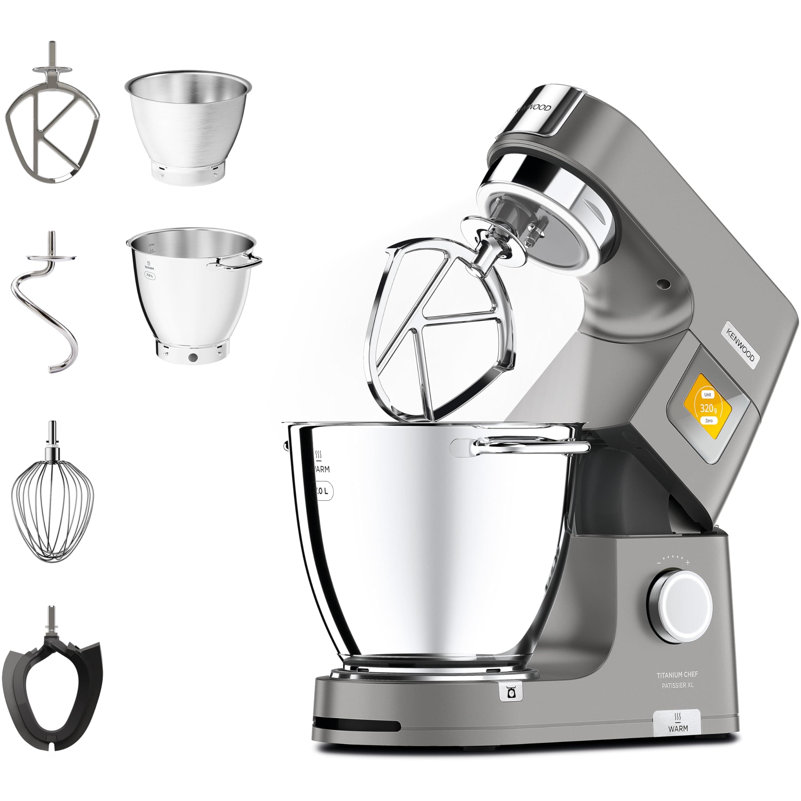 Titanium Chef Patissier XL Stand Mixer for Baking- Powerful Food Mixer, With K-Beater, Dough Hook, Whisk, and 2 Bowls 5L and 7L, KWL90.004SI, 1400W, Silver