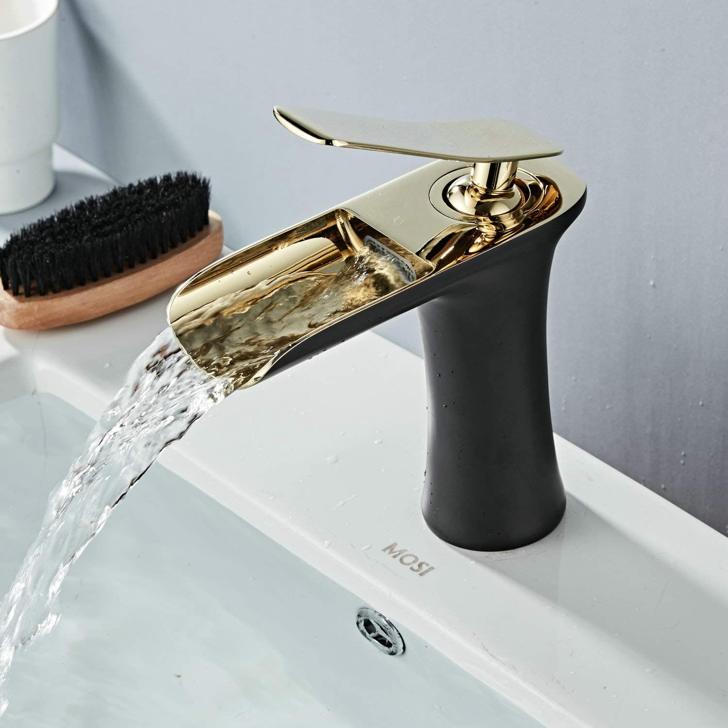 Leekayer Bathroom Sink Taps Waterfall Basin Mixer 1 Handle Lever Black/Gold Chrome One Hole Mount Lavatory Brass Faucet,LK90097BG