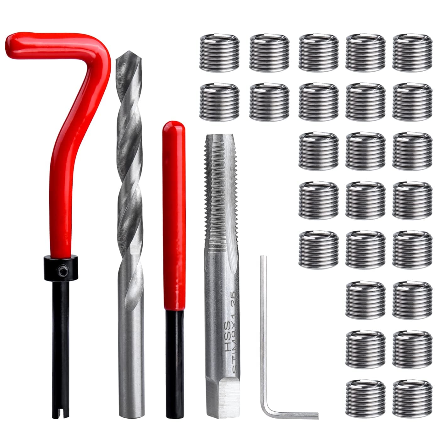 30 Pieces Thread Repair Kit M8 x 1.25mm Metric Thread Insert Stripped Thread Repair Drill Tap Hand Tool Kit for Helicoil Type Internal Screw Holes Repairing
