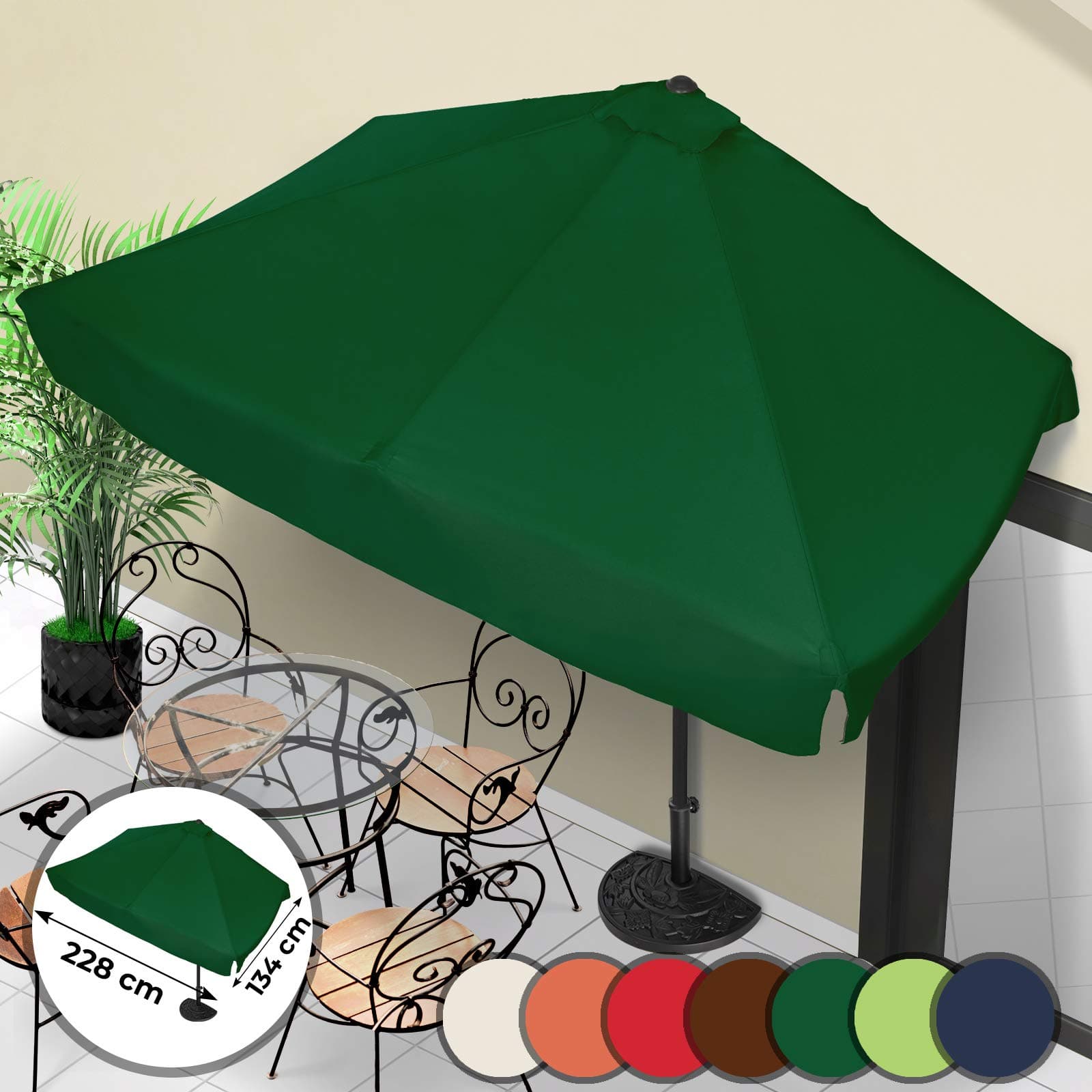 MIADOMODO Balcony Half Parasol - 2.28 x 1.34m, Water-Repellent Polyester, with Crank Handle, Choice of Colours - Garden, Patio, Outdoor, Semi Umbrella for Walls
