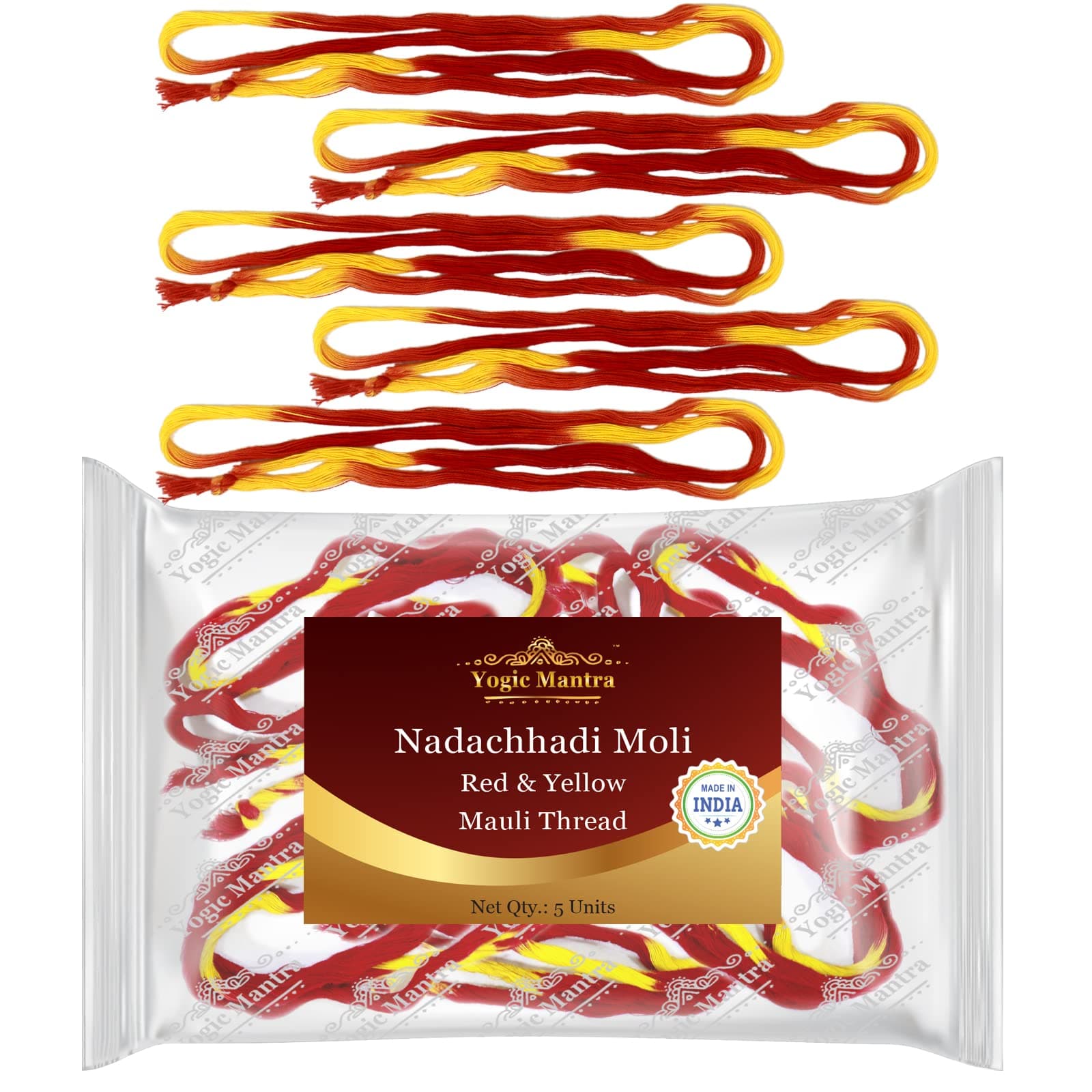 Yogic Mantra Handmade Kalava Moli Thread | 5 Cotton Nadachhadi Mauli Red Threads | 25 Inch Long | Kalawa Roli Moli Raksha Sutra Dhaga | Sacred Holy Puja Laccha | Hindu Pooja Rakhi Wrist Band