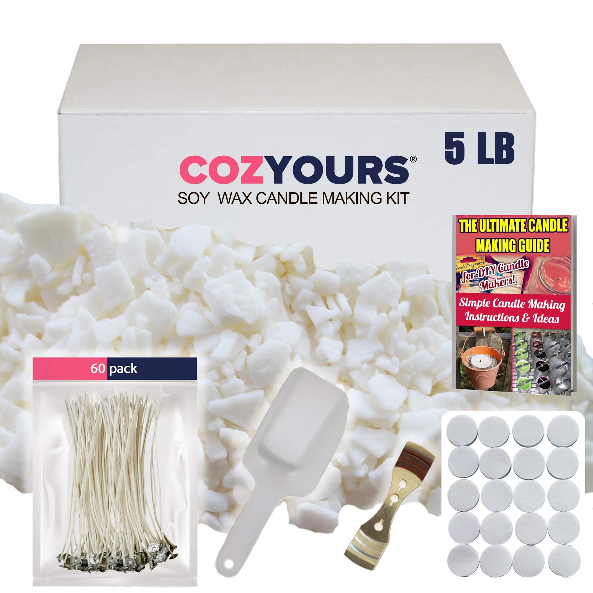 Cozyours Soy Wax Candle Making Kit, 5 lb Bag with Cotton Wicks 60 pcs, Candle Wick Stickers 20 pcs, Centering Device 1 pcs & Scoop 1 pcs
