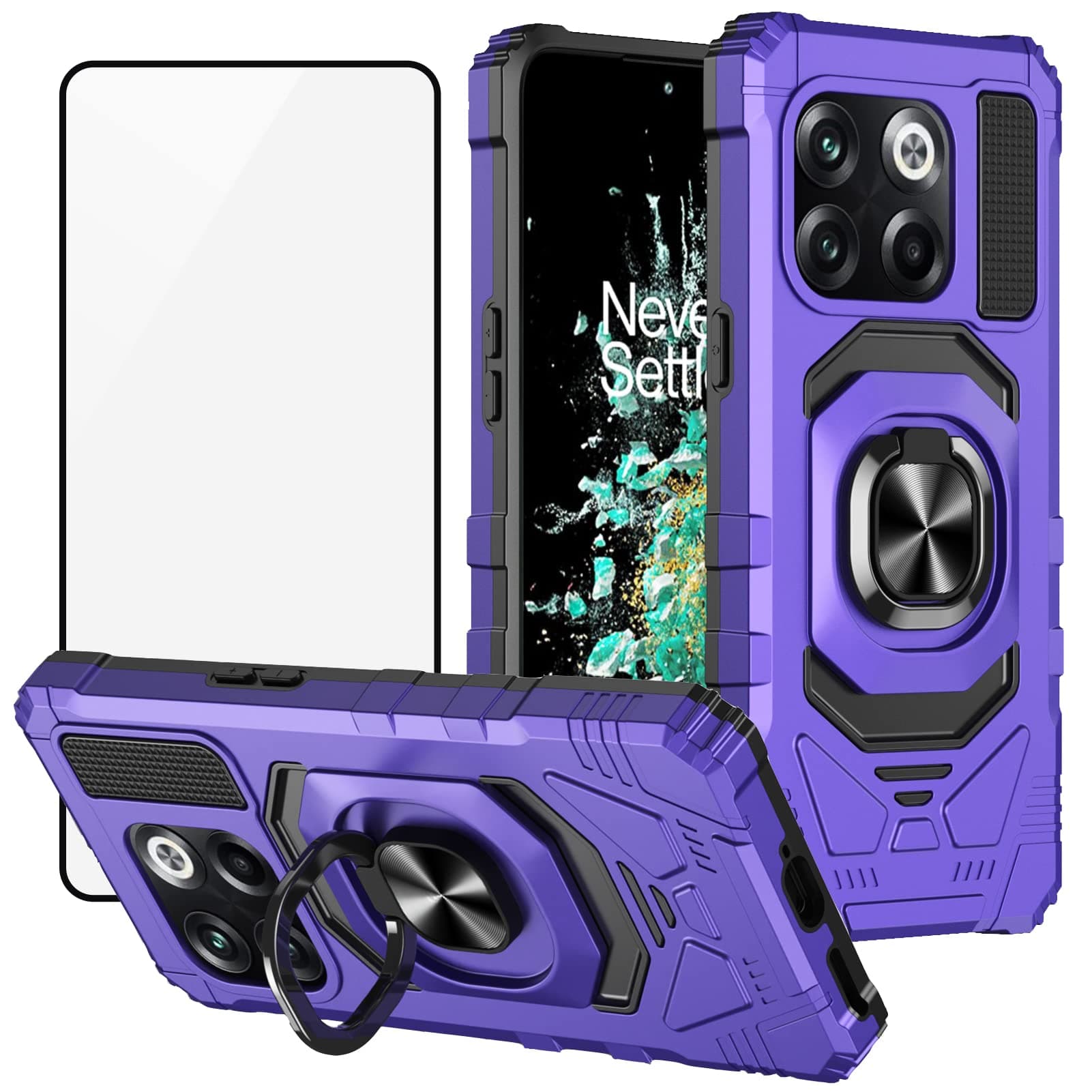 Ailiber Case for OnePlus 10T 5G, One Plus 10T 5G Phone Case with Screen Protector, Ring Kickstand for Magnetic Car Mount, Military Grade, Heavy Duty Shockproof Protective Hard Cover for 1+ 10T-Purple