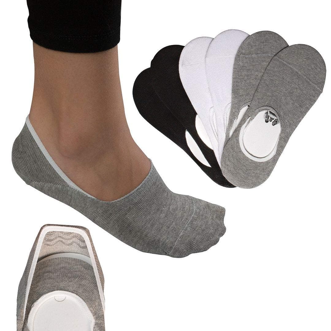6 Pairs No Show Invisible Socks | Premium Turkish Cotton with Non Slip Silicone Grip / 2xGrey/Black/White Ankle Trainer Socks for Men & Women