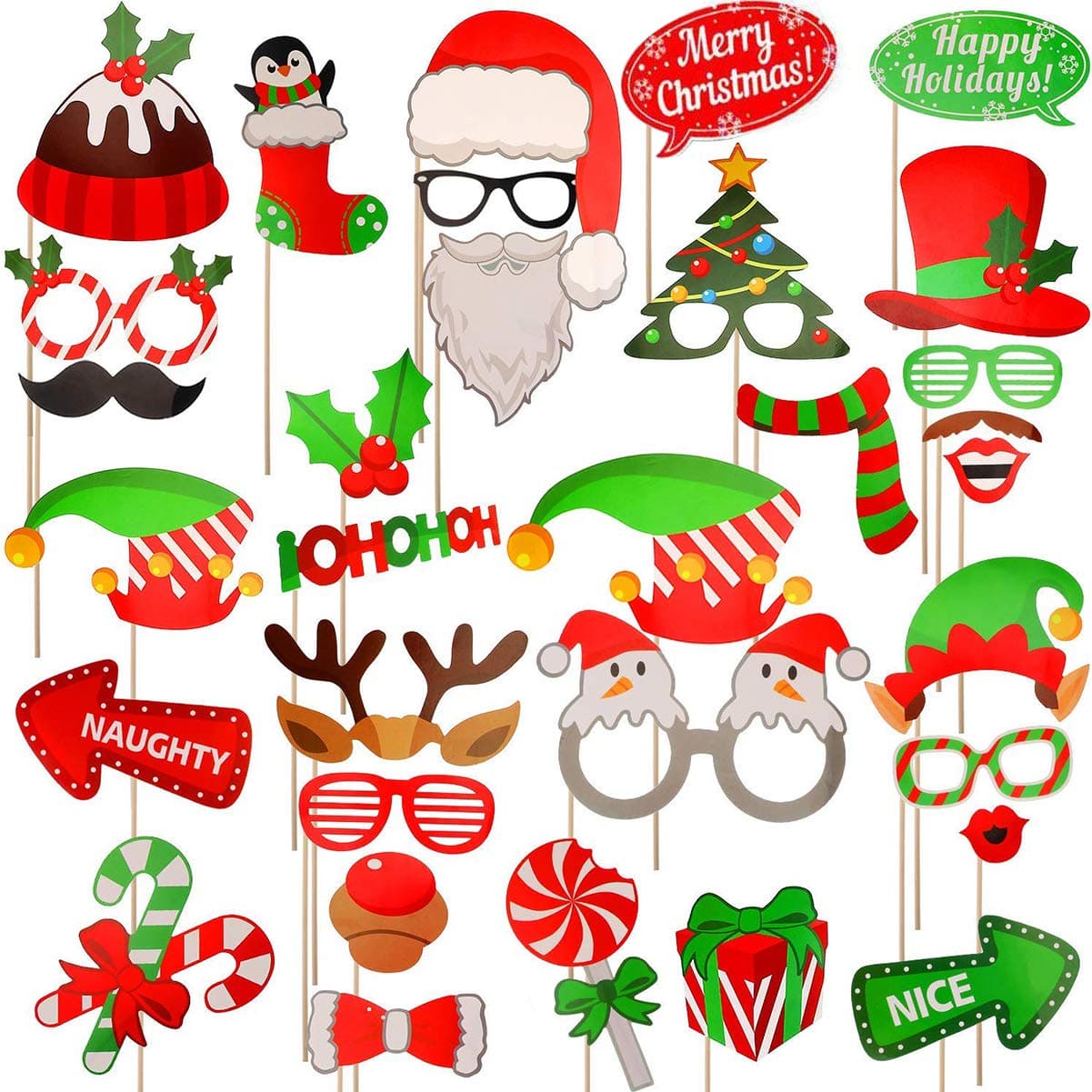 Christmas Photo Booth Props 32Pcs(Upgraded Version), Merry Christmas Party Pose Sign, Red and Green Xmas Party Supplies Decorations