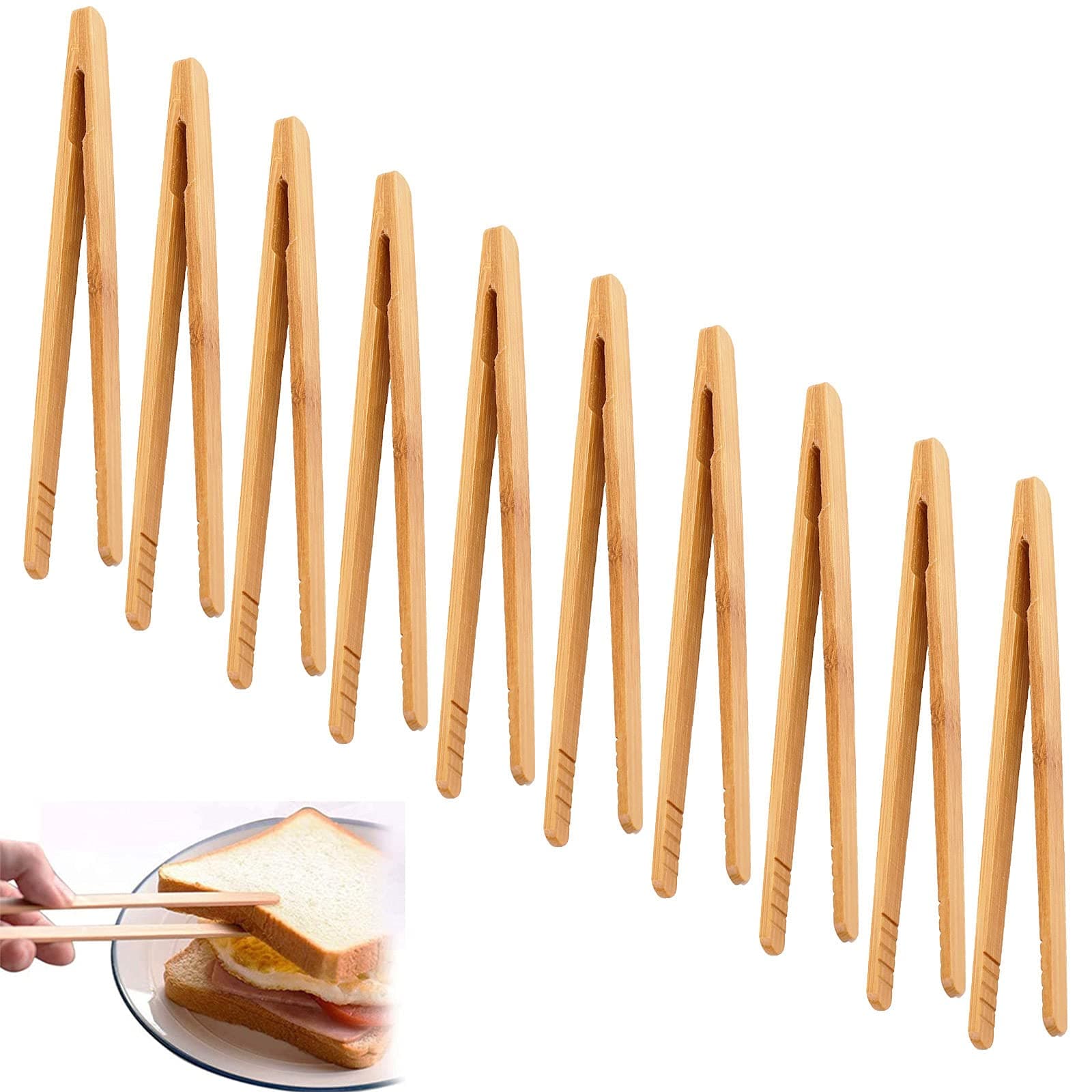 10 Pack Bamboo Tongs-Toaster Tongs Bamboo Reusable Wooden Tongs for Toaster, Mini Tongs for Salad ,Tea,Fruits, Bread,Pickles and BBQ- Bamboo Tongs for Cooking-7 Inch