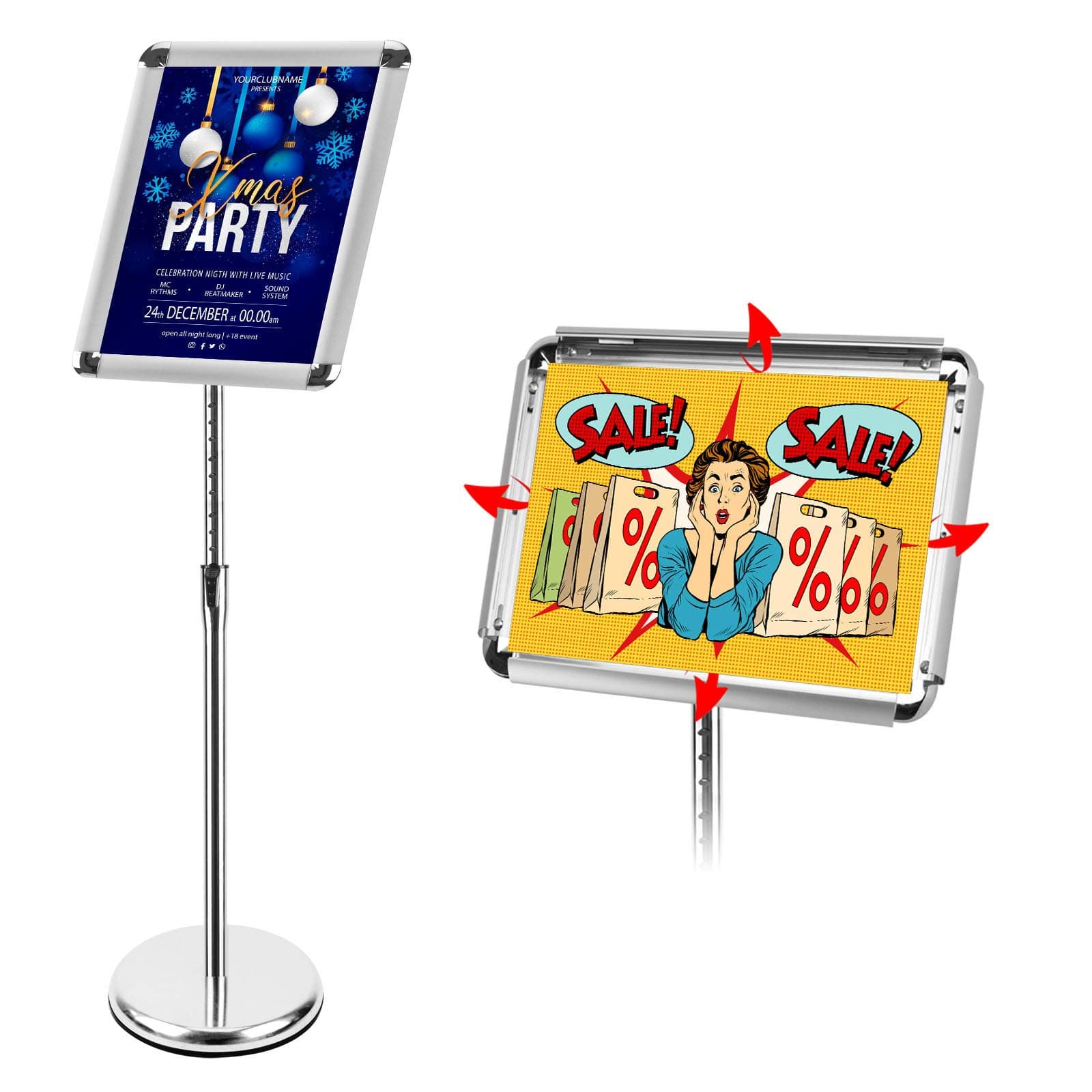 Adjustable Sign Holder Stand, Sign Stand with Base, Floor Sign for Display/Poster/Business/Shows/Restaurant/Store, Snap Open Frame, Aluminum, Sliver (8.5" x 11")