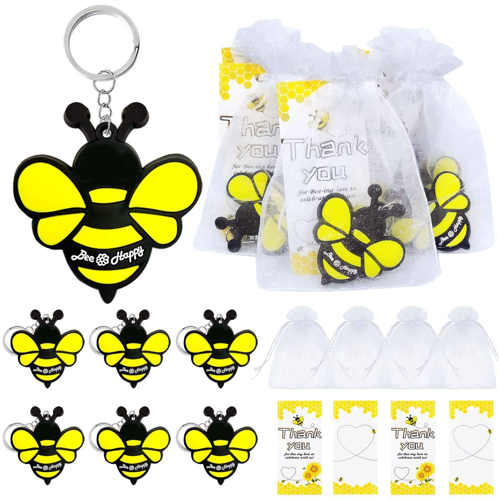 60 Pack Bumble Bee Keyring Pack including 20 Keychains, 20 Thank You Tags and 20 Bags for Bee Party, Mommy to Bee, Baby to Bee Baby Shower, Adult Bee, Queen Bee, Birthday, Gender Reveal