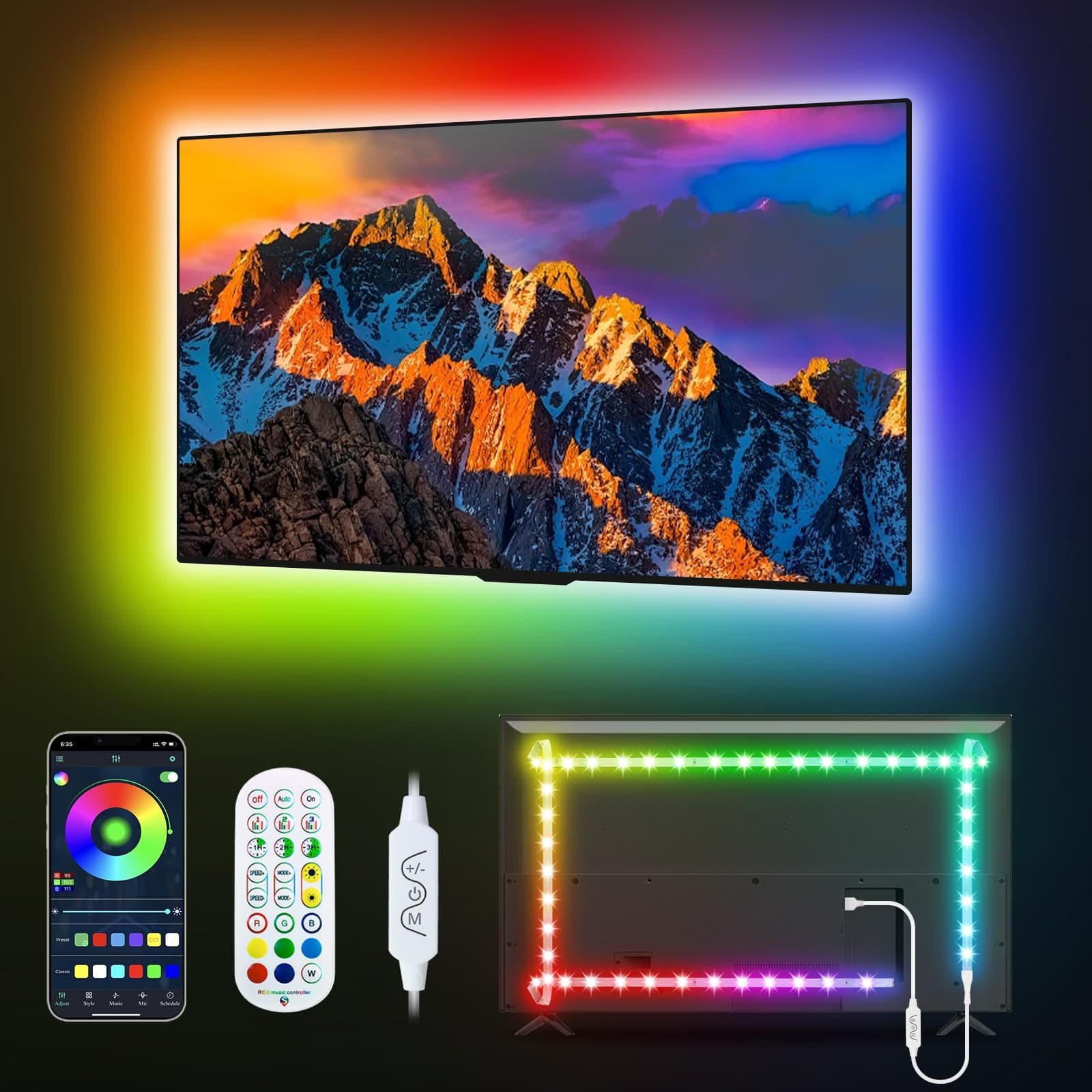 Daymeet LED Lights for TV, 9.8FT RGBICW TV LED Backlight for 32-43 inch TVs, USB Strip Lights Behind TV, Color Changing Sync with Music, Bluetooth App Controlled Led Lights for Bedroom Home Decor
