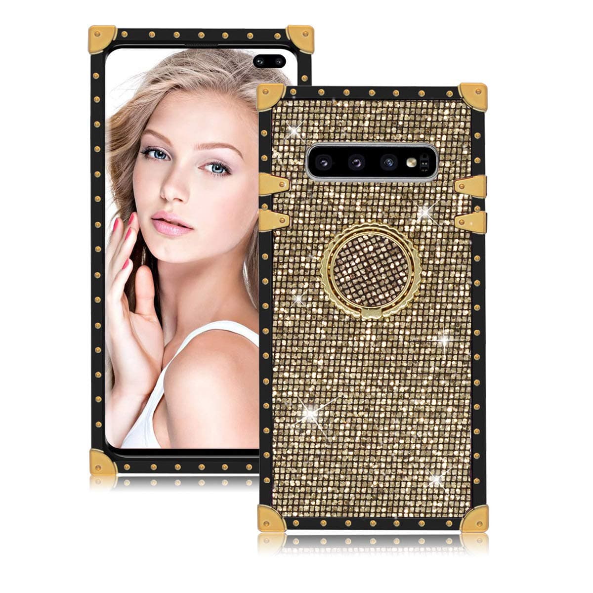 Fusicase for Galaxy S10 Plus Square Glitter Case Bling Diamond Sparkle Glitter with Ring Holder Kickstand Case for Samsung Galaxy S10 Plus Case with TPU Bumper Shockproof Case for Galaxy S10 Plus Gold
