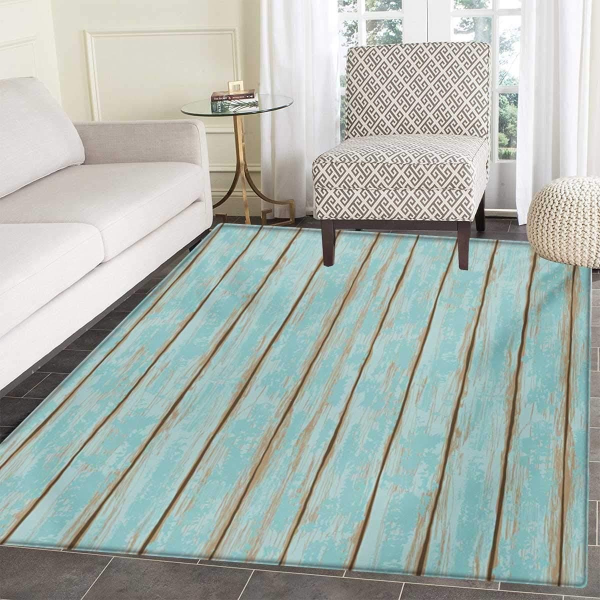 Wood Print Door Mats Area Rug Old Fashioned Weathered Rustic Planks Summer Cottage Beach Coastal Theme Floor mat Bath Mat tub 36"x60" Pale Blue Tan