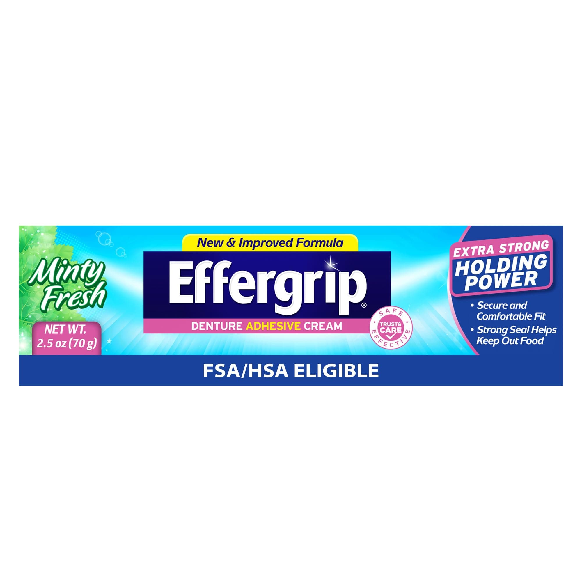 Effergrip Denture Adhesive Cream, Minty Fresh, 2.5 Oz, Zinc-Free Formula with Extra Strong Grip